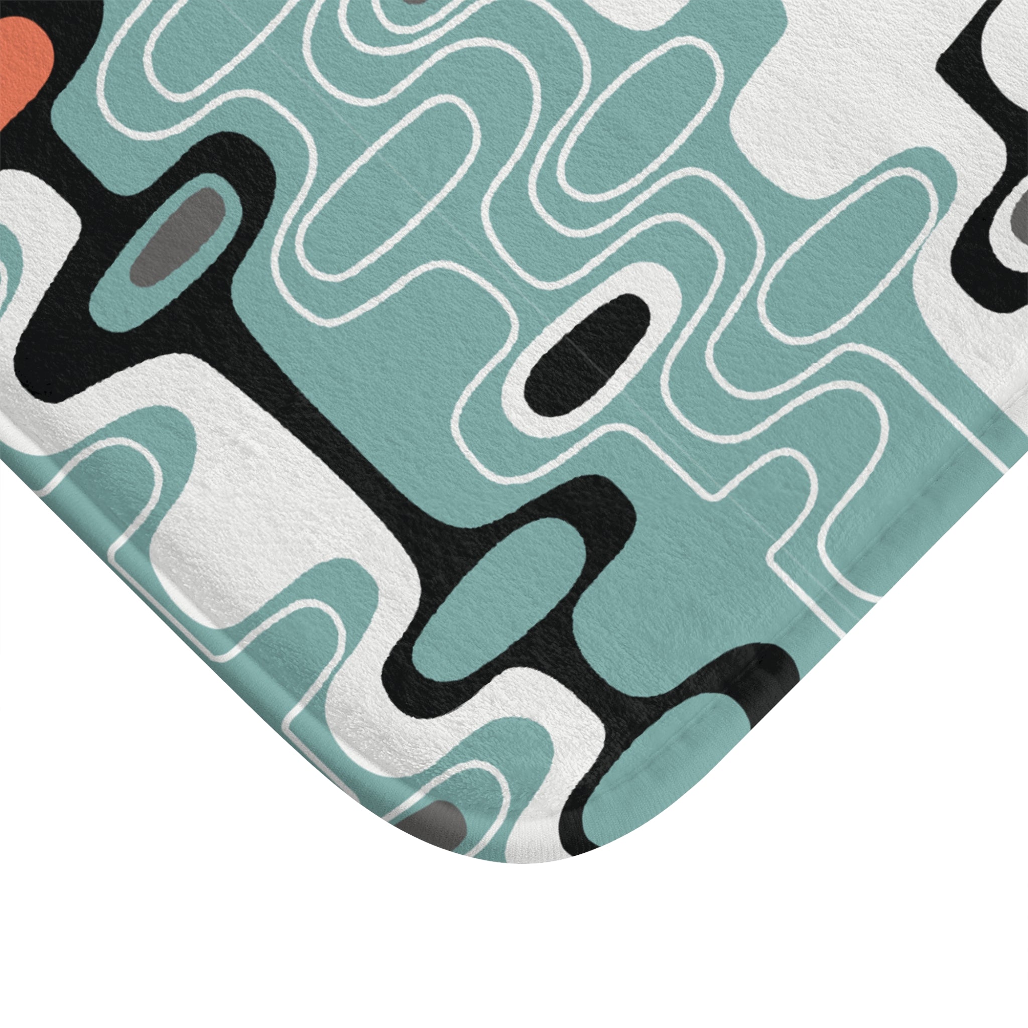 Kate McEnroe New York Mid Century Modern Retro Geometric Bath Mat, MCM Abstract Oval Bathroom Rug, Aqua Orange Gray Accent MatBath Mats17039338703379573039