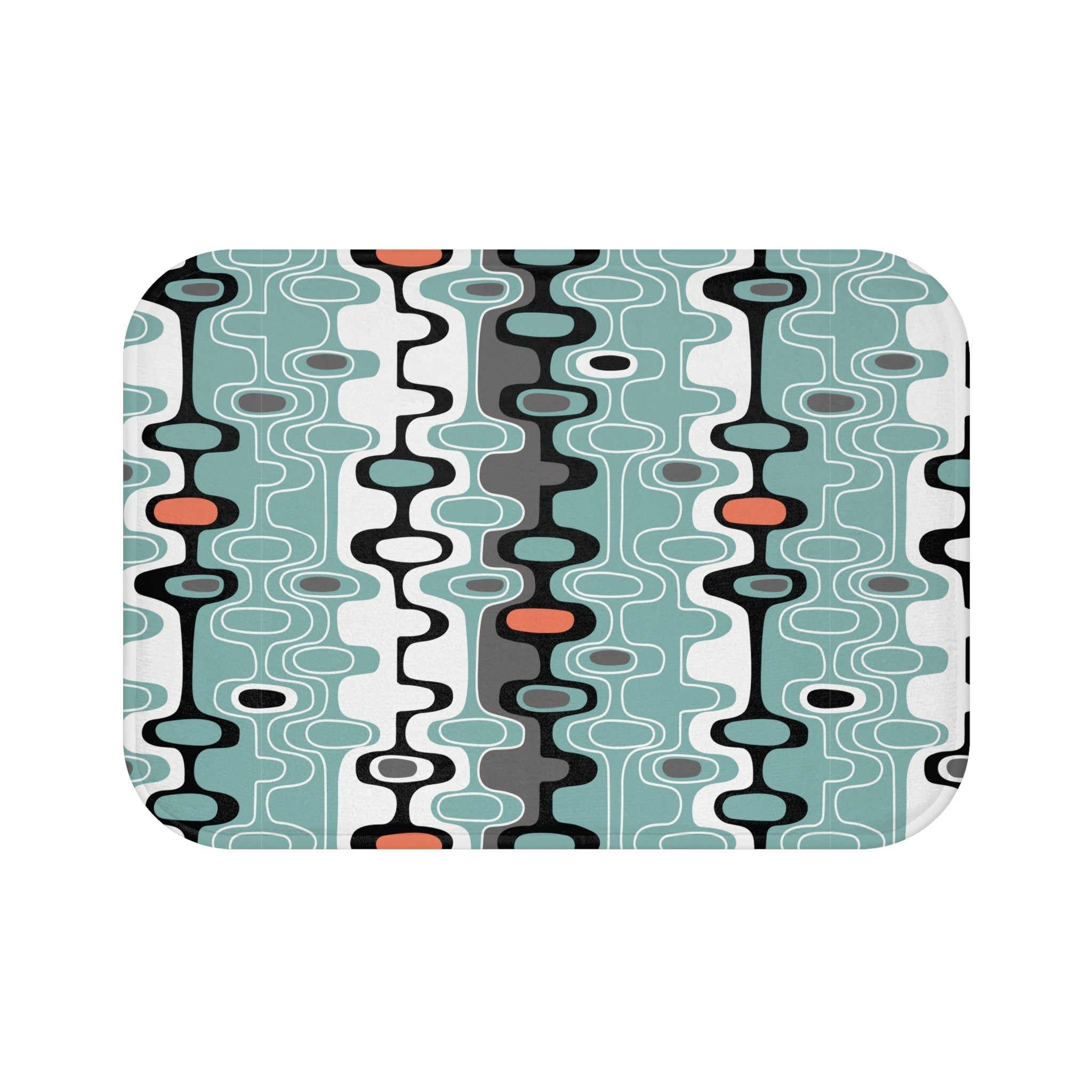 Kate McEnroe New York Mid Century Modern Retro Geometric Bath Mat, MCM Abstract Oval Bathroom Rug, Aqua Orange Gray Accent MatBath Mats17039338703379573039