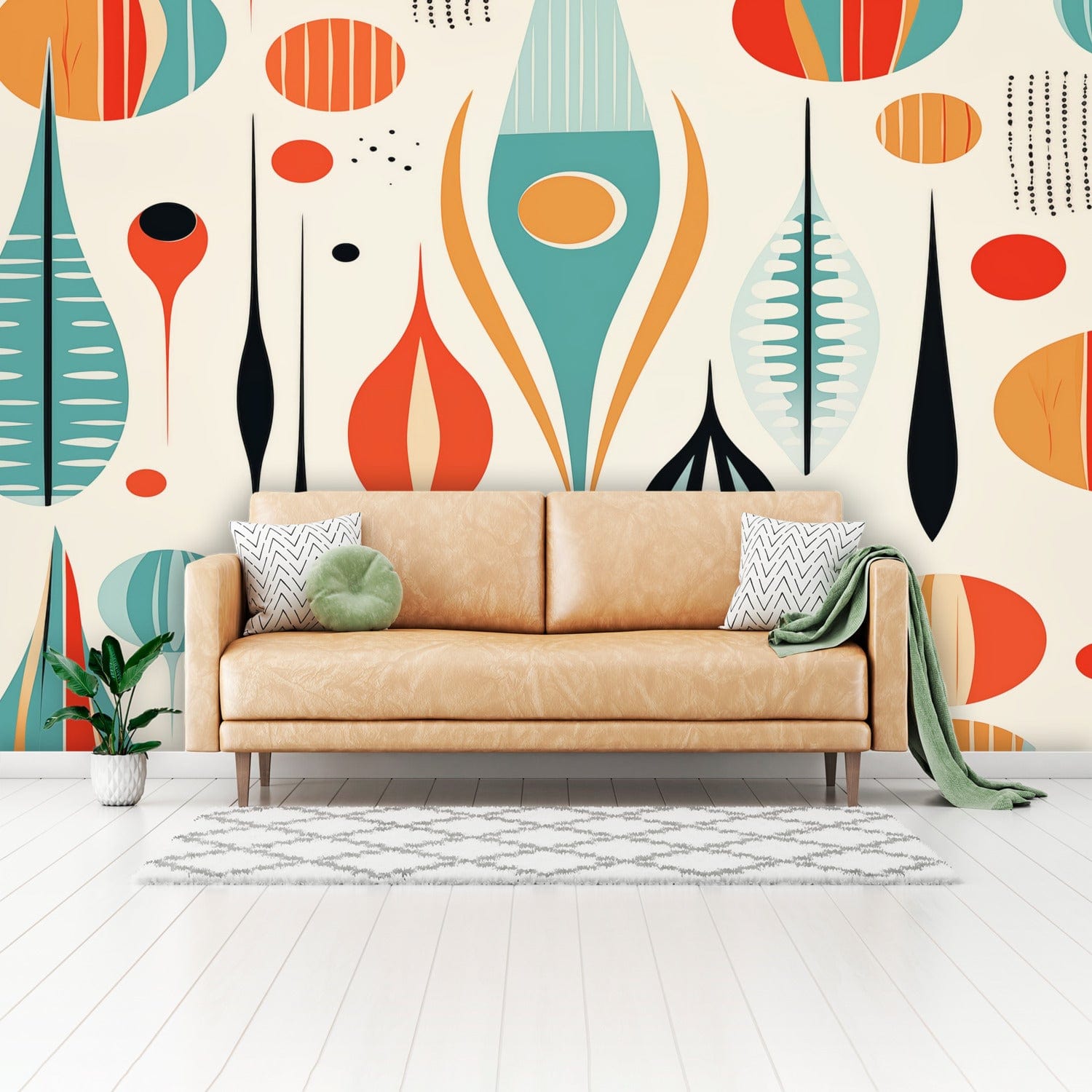 Kate McEnroe New York Mid Century Modern Retro Geometric Botanical Peel - and - Stick Wallpaper MuralWall Mural110944