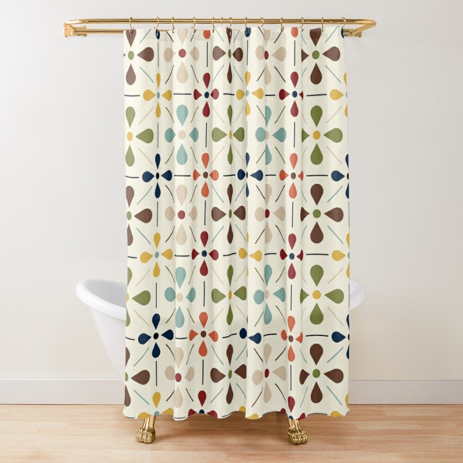 Kate McEnroe New York Mid Century Modern Retro Geometric Shower Curtain, 50s MCM Cream, Teal, Mustard, and Rust Bath DecorShower Curtains28667148827028602891