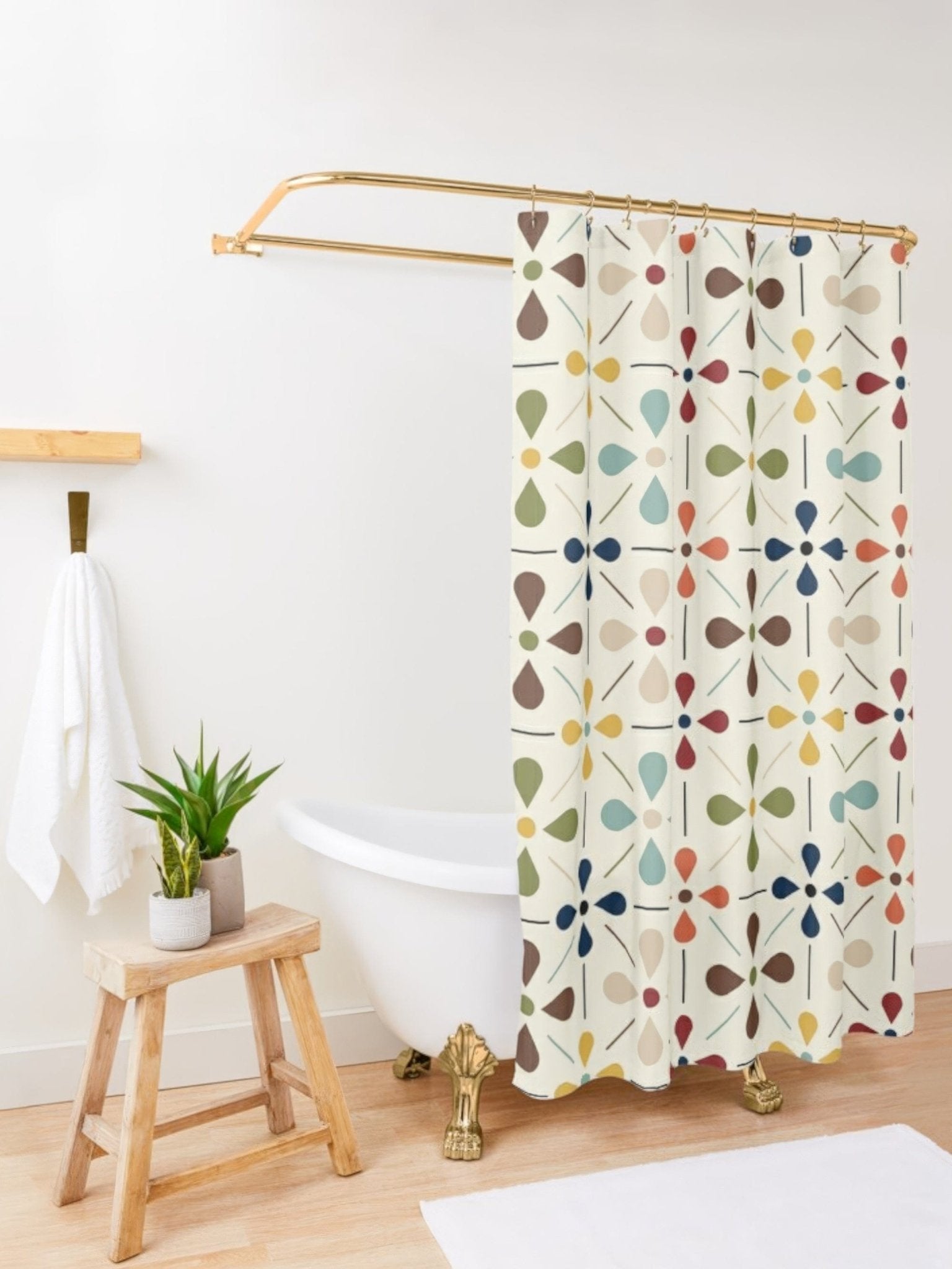 Kate McEnroe New York Mid Century Modern Retro Geometric Shower Curtain, 50s MCM Cream, Teal, Mustard, and Rust Bath DecorShower Curtains28667148827028602891