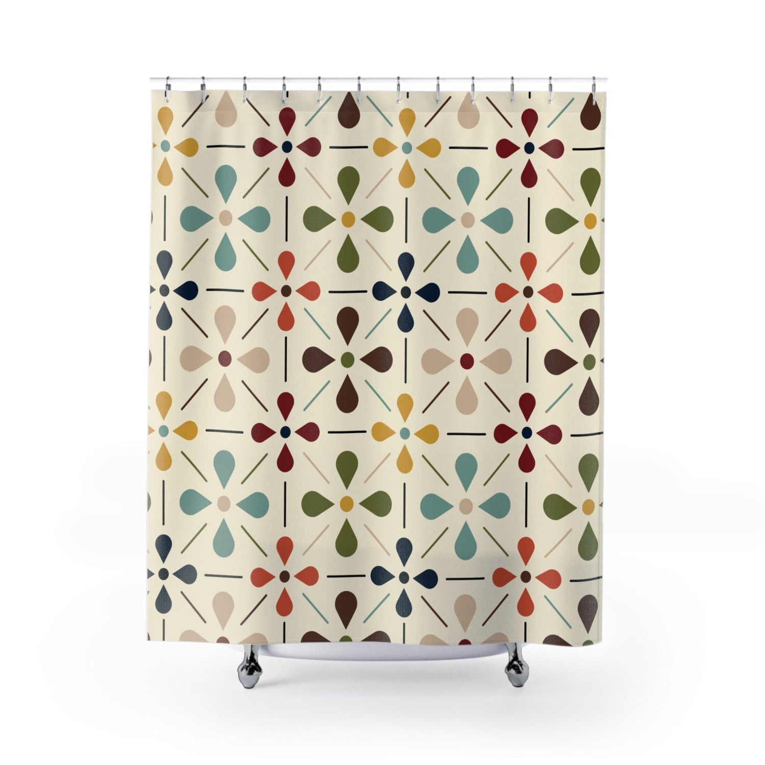 Kate McEnroe New York Mid Century Modern Retro Geometric Shower Curtain, 50s MCM Cream, Teal, Mustard, and Rust Bath DecorShower Curtains28667148827028602891