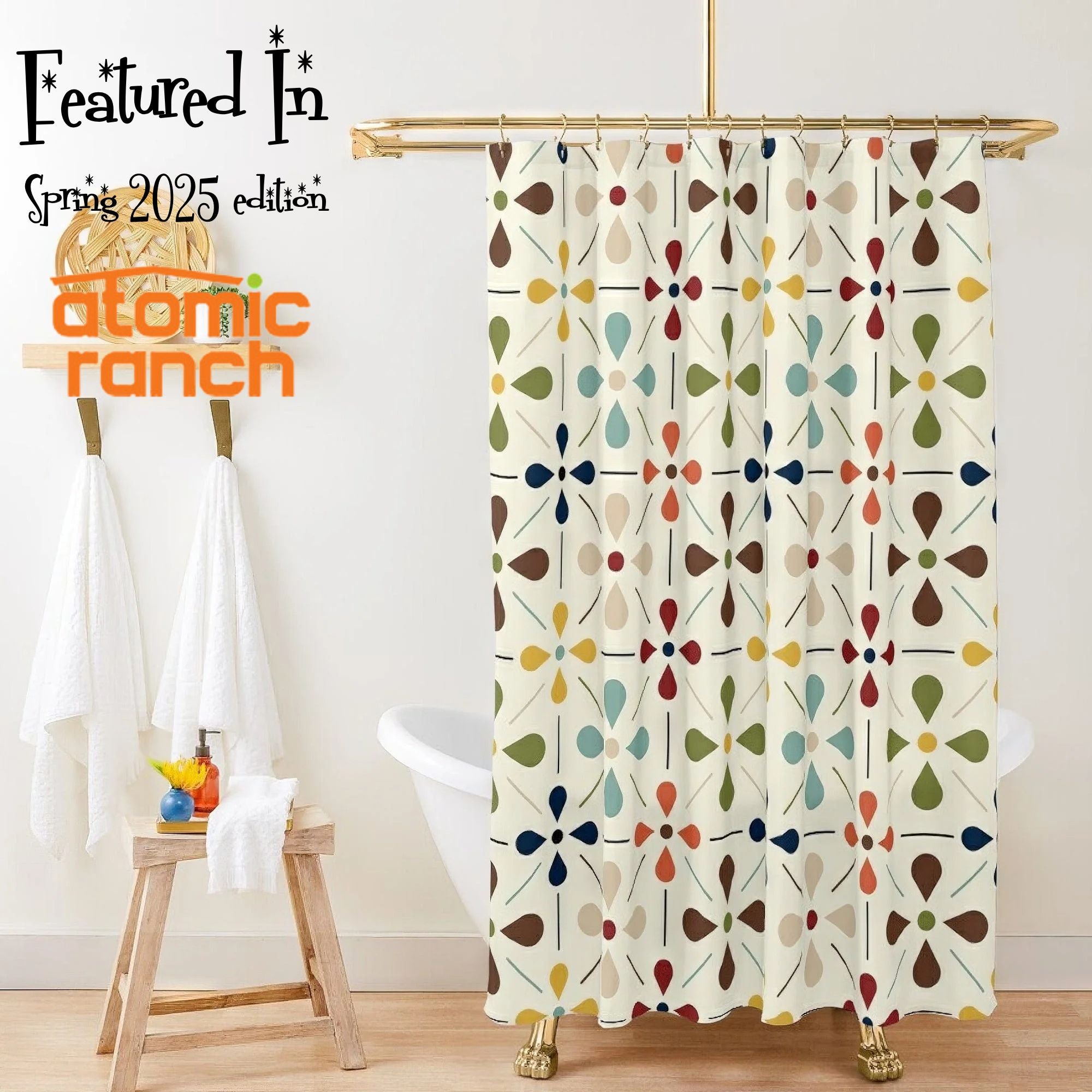 Kate McEnroe New York Mid Century Modern Retro Geometric Shower Curtain, 50s MCM Cream, Teal, Mustard, and Rust Bath DecorShower Curtains28667148827028602891