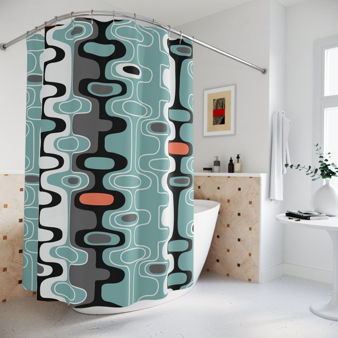 Kate McEnroe New York Mid Century Modern Retro Geometric Shower Curtain, MCM Abstract Oval Bathroom Curtain, Housewarming Gift, Bathroom DecorShower CurtainsS40 - BLU - BLA - 7X7