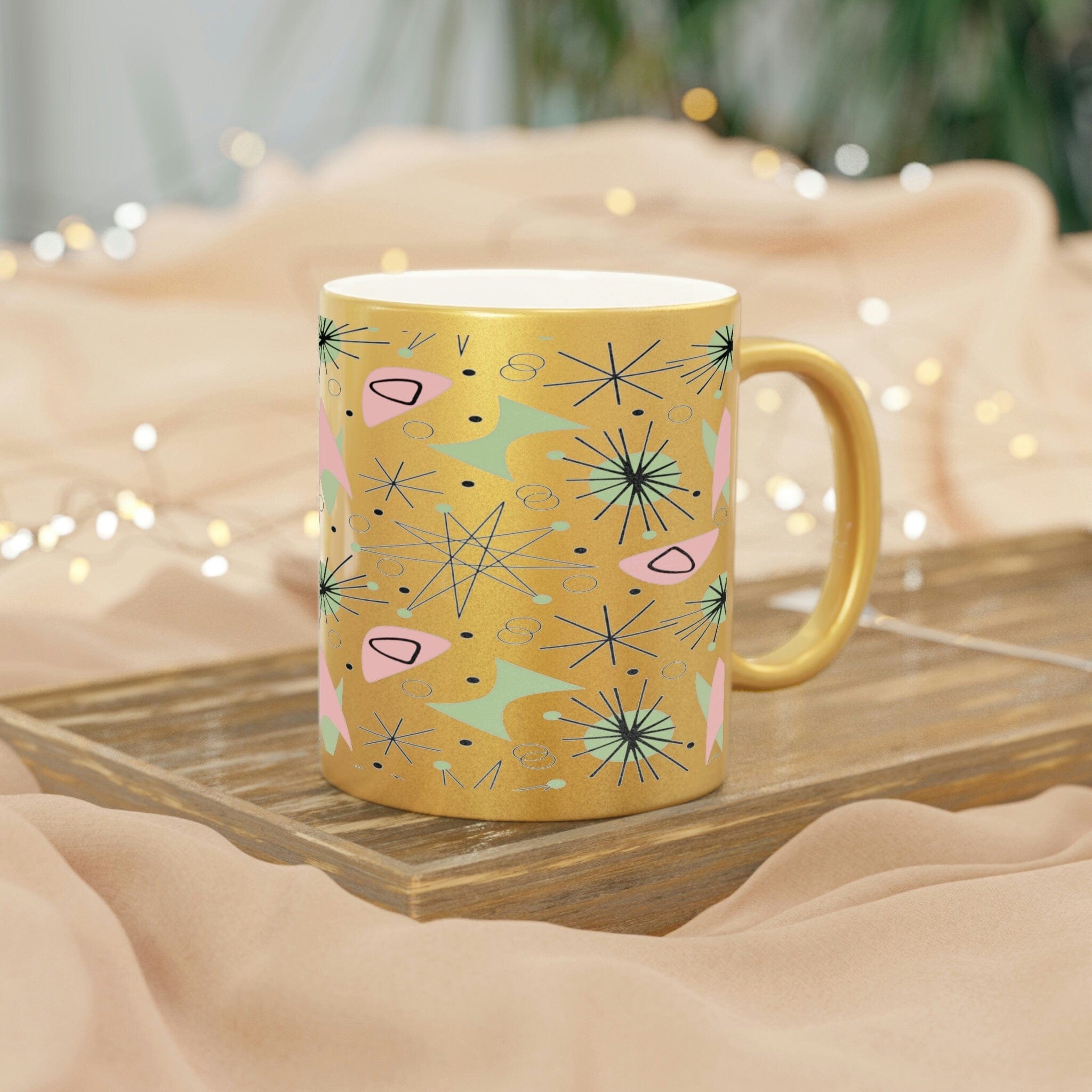 Kate McEnroe New York Mid Century Modern Retro Kitsch Starburst Metallic Mug, Pink, Lime Green Atomic Age Accent Coffee Mug, Gold or Silver Mid Mod DrinkwareMugs14257307857917781770
