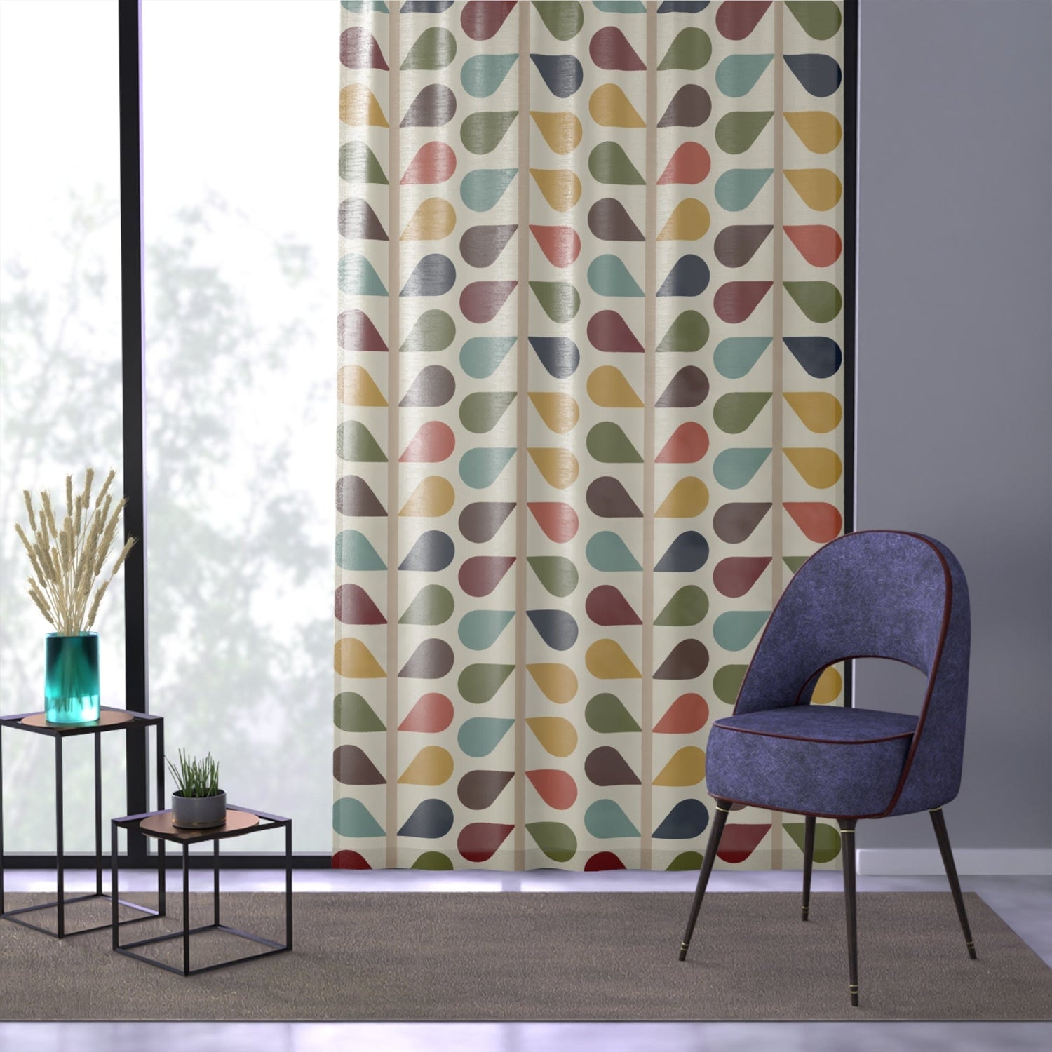 Kate McEnroe New York Mid Century Modern Retro Sheer Window Curtains, 60s Floral MCM Teal, Mustard, Green, Brown Living Room, Bedroom DrapesWindow Curtains11200120511732508624