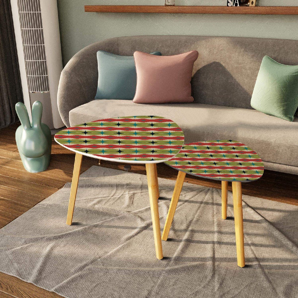 Kate McEnroe New York Mid Century Modern Retro Starburst Nesting Tables, MCM Geometric Red Green Teal Accent, 1950s Atomic Coffee Table SetNesting TableshDZQZtBf5N