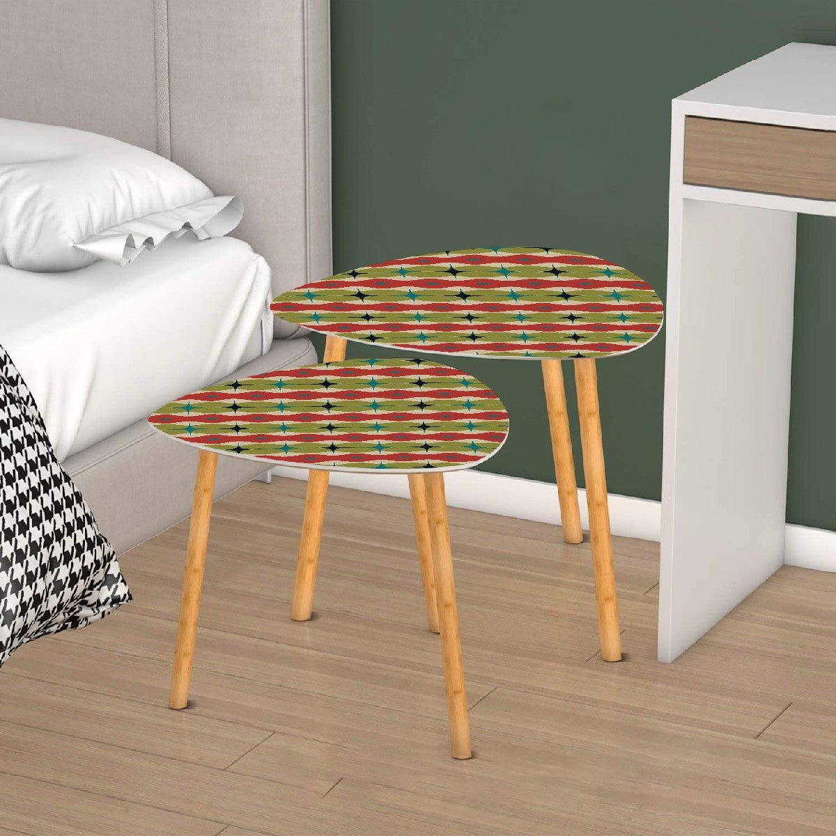 Kate McEnroe New York Mid Century Modern Retro Starburst Nesting Tables, MCM Geometric Red Green Teal Accent, 1950s Atomic Coffee Table SetNesting TableshDZQZtBf5N