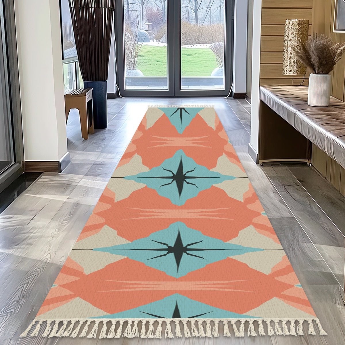 Mid Century Modern Retro Starburst Runner Rug, MCM Geometric Teal Cora ...