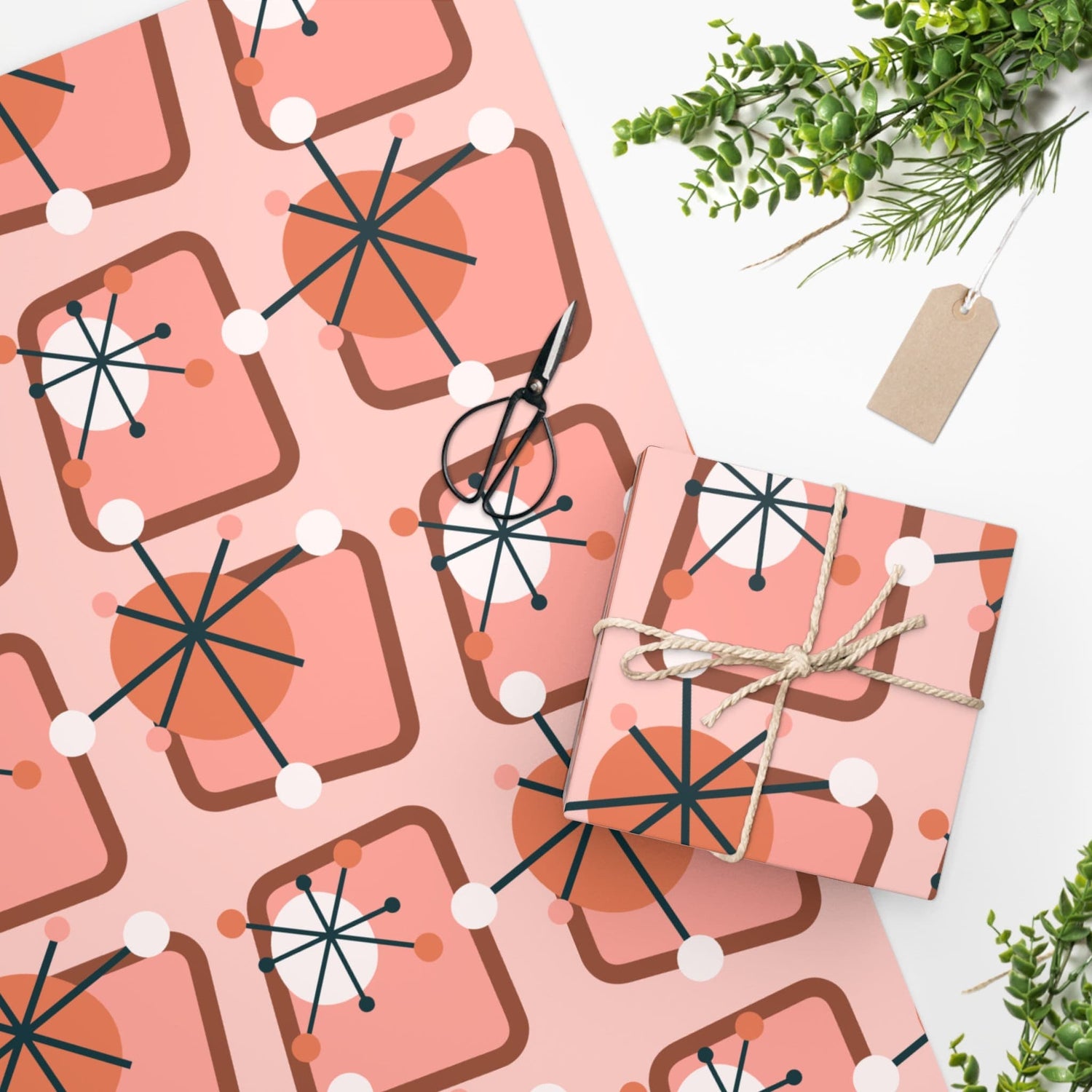 Kate McEnroe New York Mid Century Modern Retro Starburst Wrapping Paper, Atomic Age Pink, Orange MCM Gift Wrap - 130982623Wrapping Paper10157899322246240158