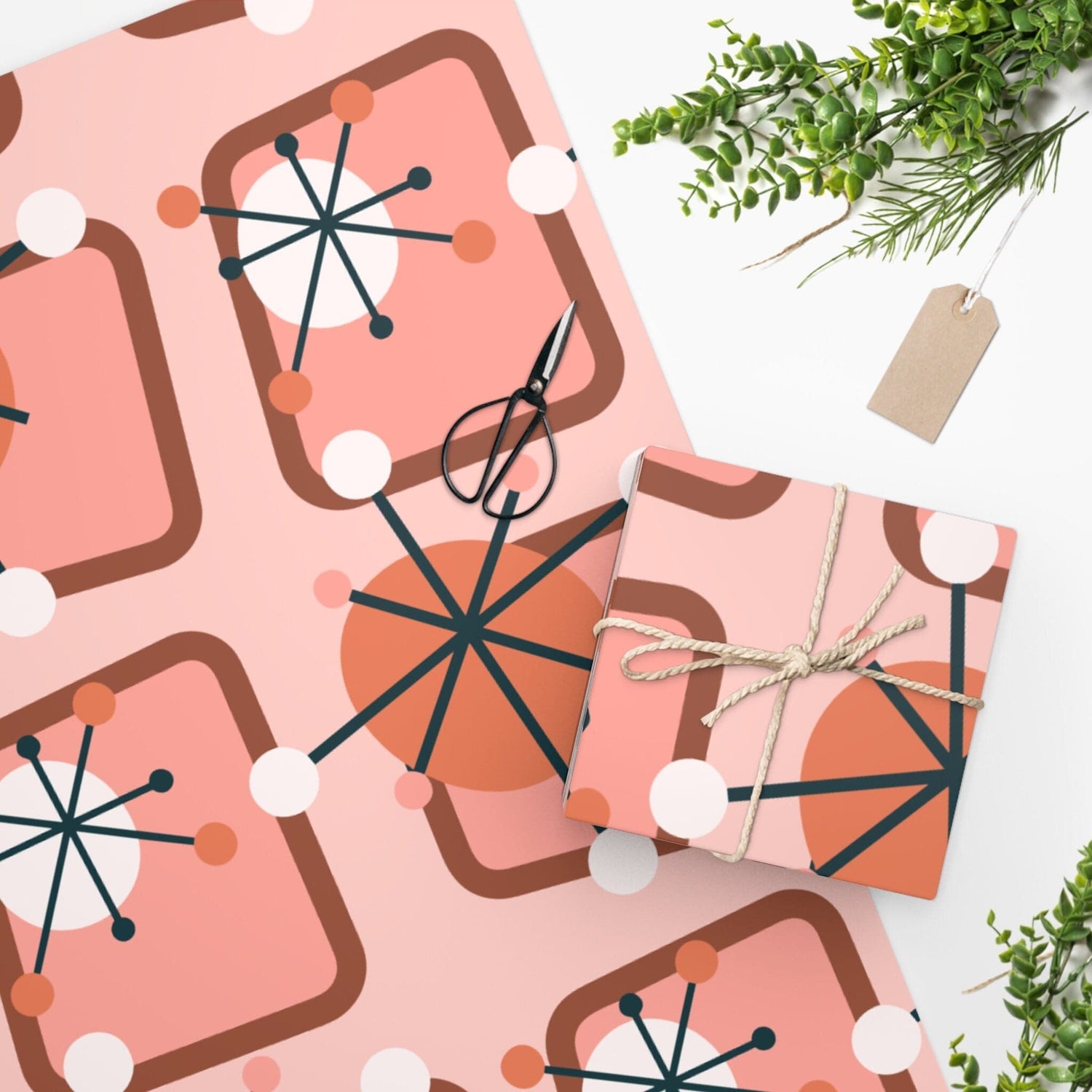 Kate McEnroe New York Mid Century Modern Retro Starburst Wrapping Paper, Atomic Age Pink, Orange MCM Gift Wrap - 130982623Wrapping Paper10157899322246240158