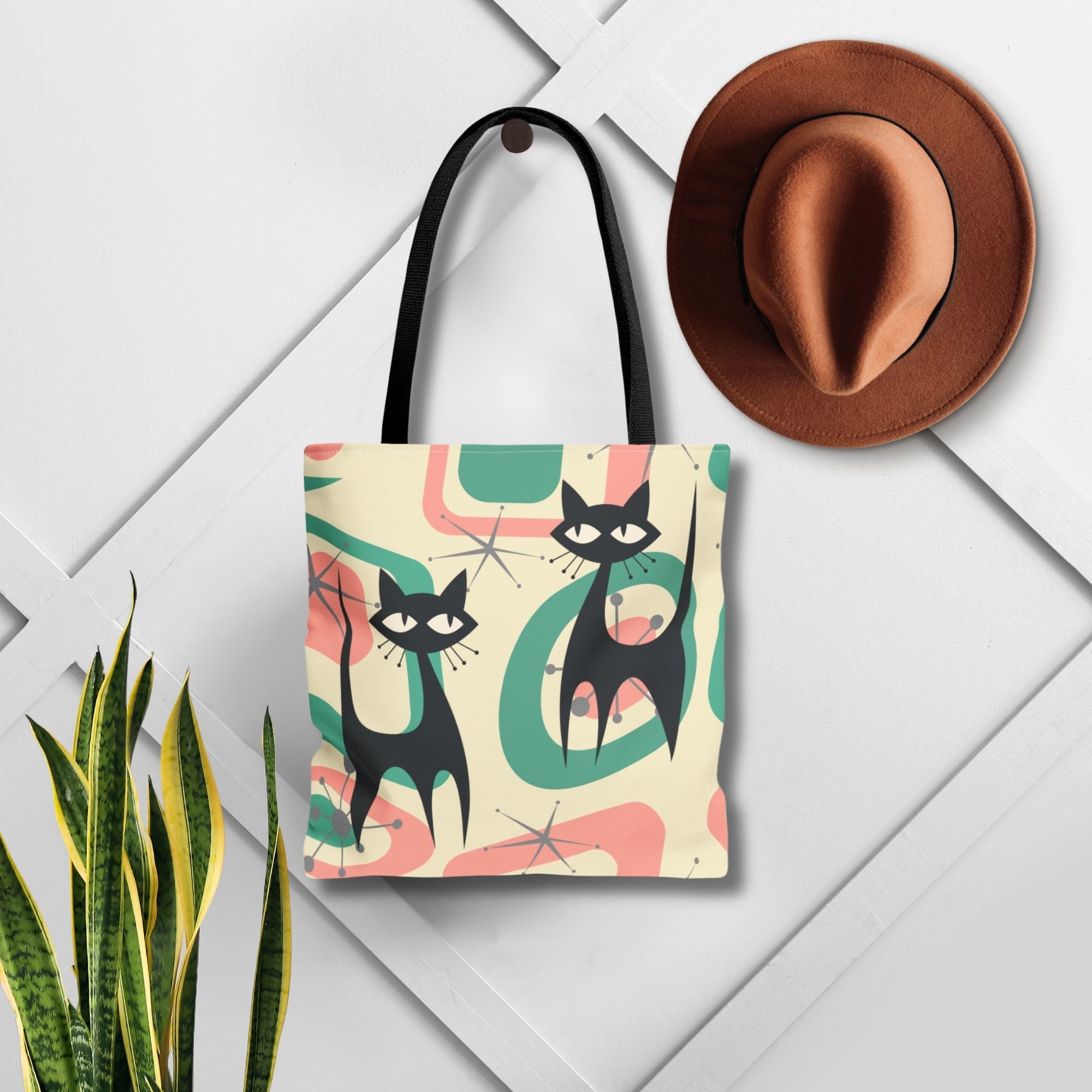 Kate McEnroe New York Mid Century Modern Retro Tote Bag, Atomic Cat Starburst Geometric 50s Kitsch Mod Style Shoulder BagTotes41459160364153002109