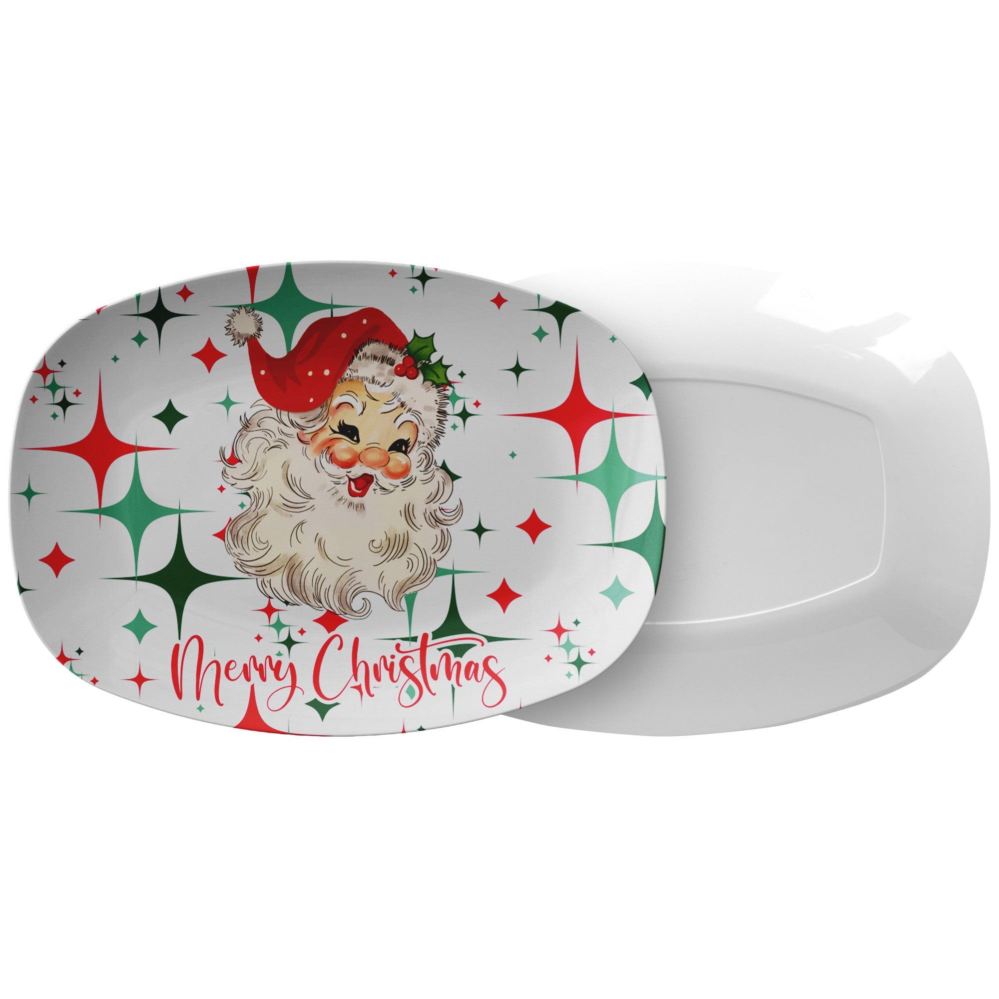 Kate McEnroe New York Mid Century Modern Retro Vintage Santa Atomic Starbursts Christmas PlatterServing Platters9727
