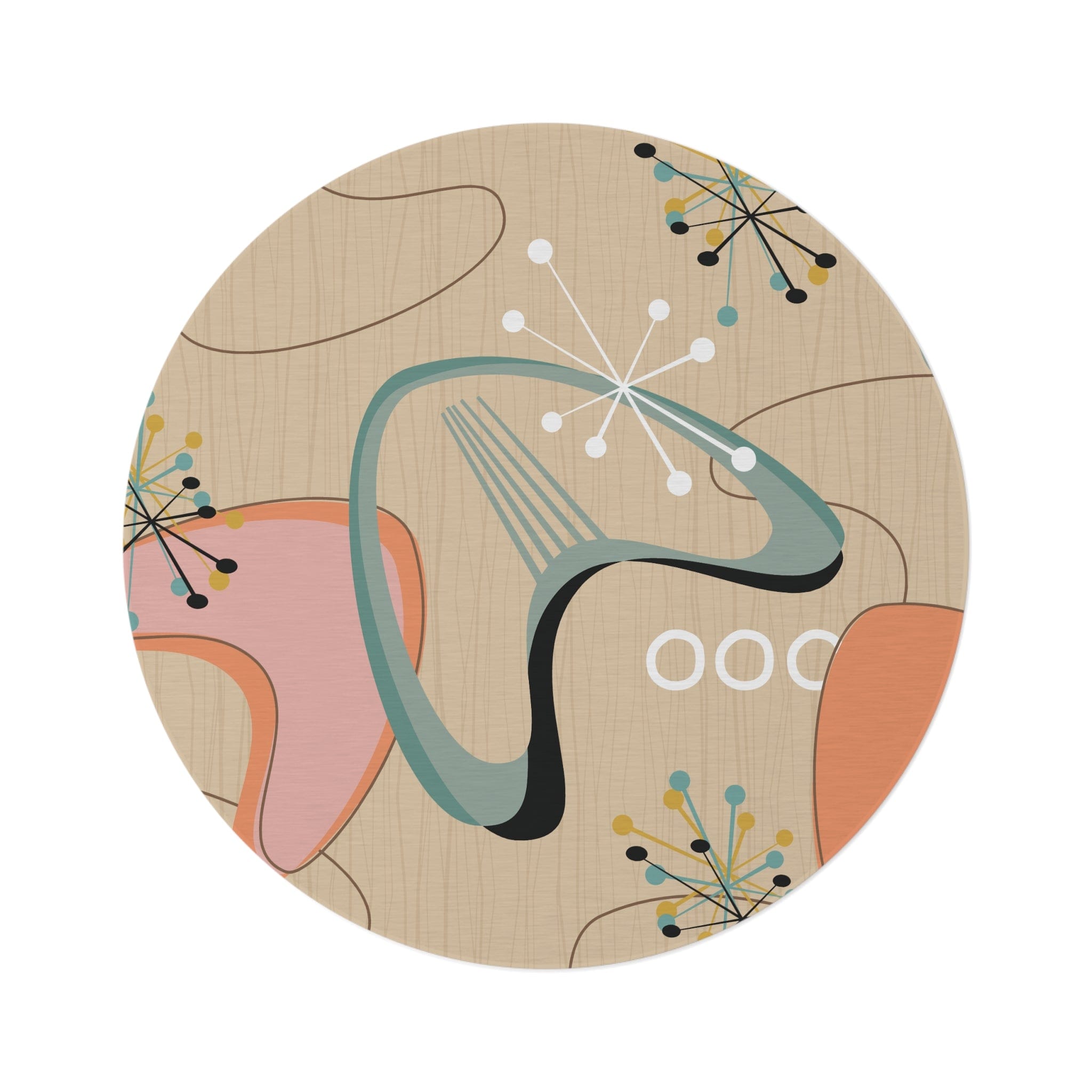 Kate McEnroe New York Mid Century Modern Round Rug, Retro Abstract Design Area Rug, MCM Teal Peach Home Decor, 50s Style Circular CarpetRugs19602633492536490083