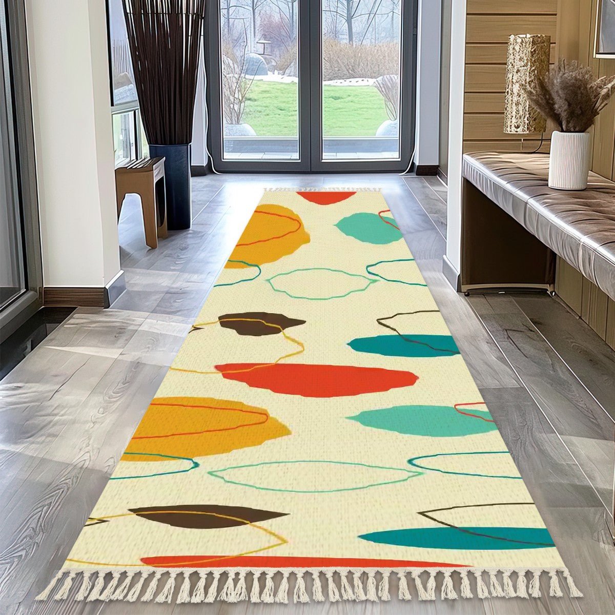 1950s Design Rug Mid Century Modern Runner Rug, Retro Geometric Boomerang Design Hallwa ...