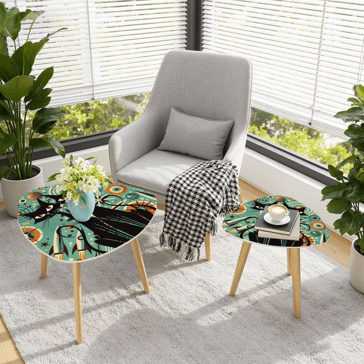 Kate McEnroe New York Mid Century Modern Sexton Cat Nesting Tables, Retro Atomic, Space Age Coffee Table SetNesting TablesXp7eprrjAB