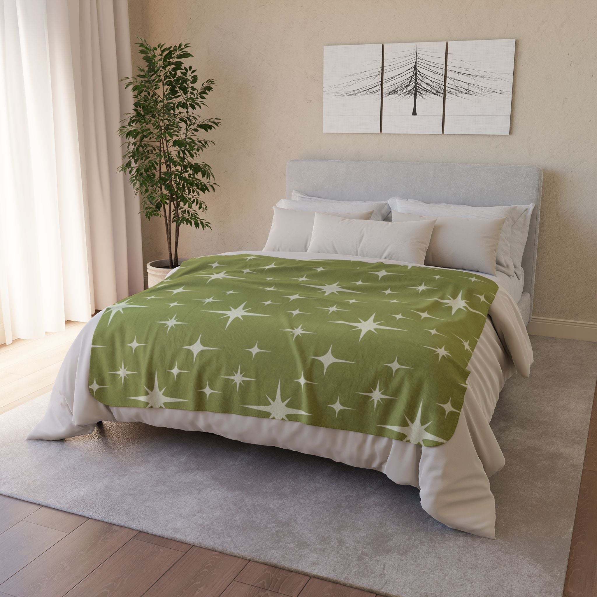 Kate McEnroe New York Mid Century Modern Sherpa Blanket, Retro Starburst MCM Fleece Throw, Vintage 50s Atomic Age Lime Green, Cream BeddingBlankets26351046397570090926