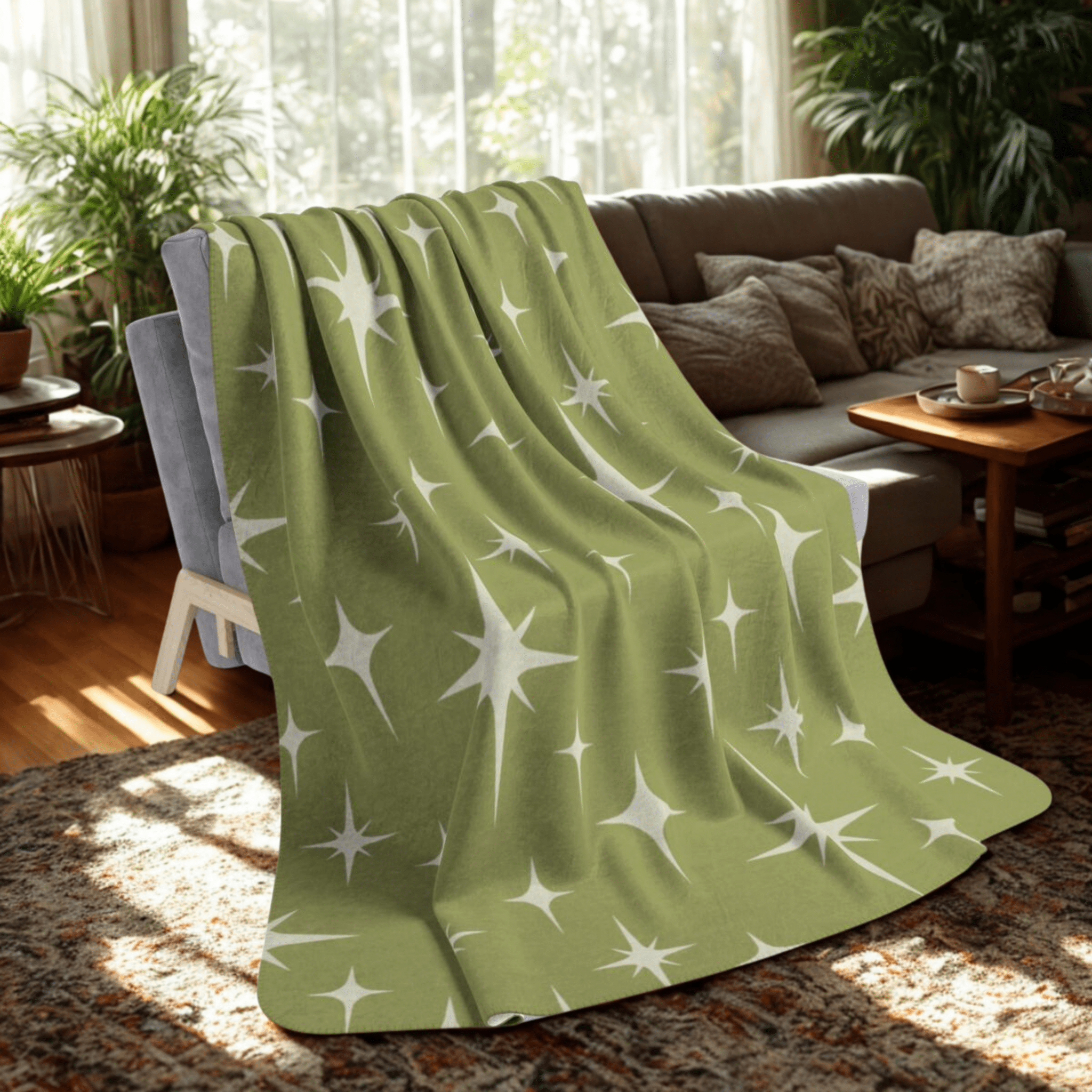 Kate McEnroe New York Mid Century Modern Sherpa Blanket, Retro Starburst MCM Fleece Throw, Vintage 50s Atomic Age Lime Green, Cream BeddingBlankets26351046397570090926
