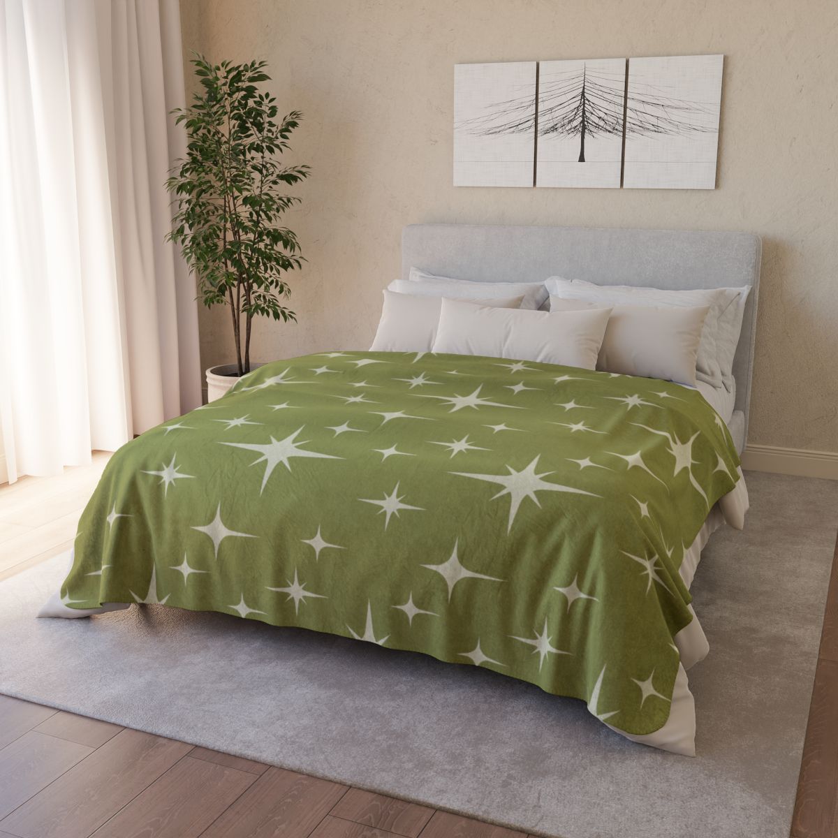 Kate McEnroe New York Mid Century Modern Sherpa Blanket, Retro Starburst MCM Fleece Throw, Vintage 50s Atomic Age Lime Green, Cream BeddingBlankets26351046397570090926