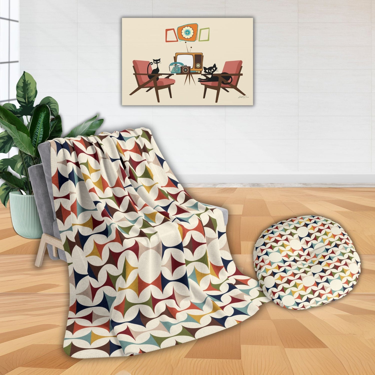 Kate McEnroe New York Mid - Century Modern Sherpa Fleece Blanket, MCM Geometric Throw in Cream, Teal, Mustard, and RustBlankets27183529014883489640