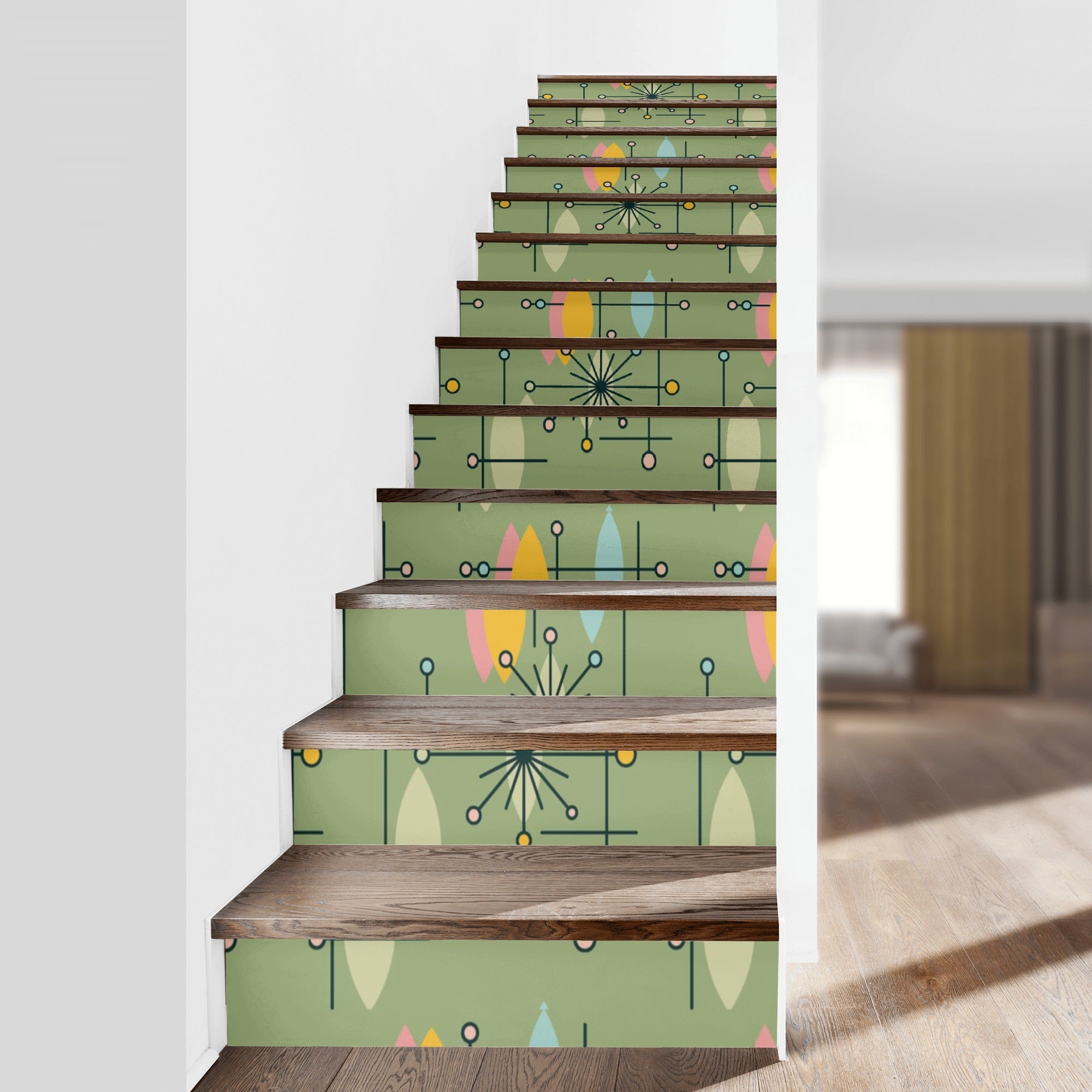 Kate McEnroe New York Mid Century Modern Stair Stickers, 13 - Piece Retro Green Starburst Riser Decals, 50s Atomic DecorStair RisersW1KL3ZZN - 1