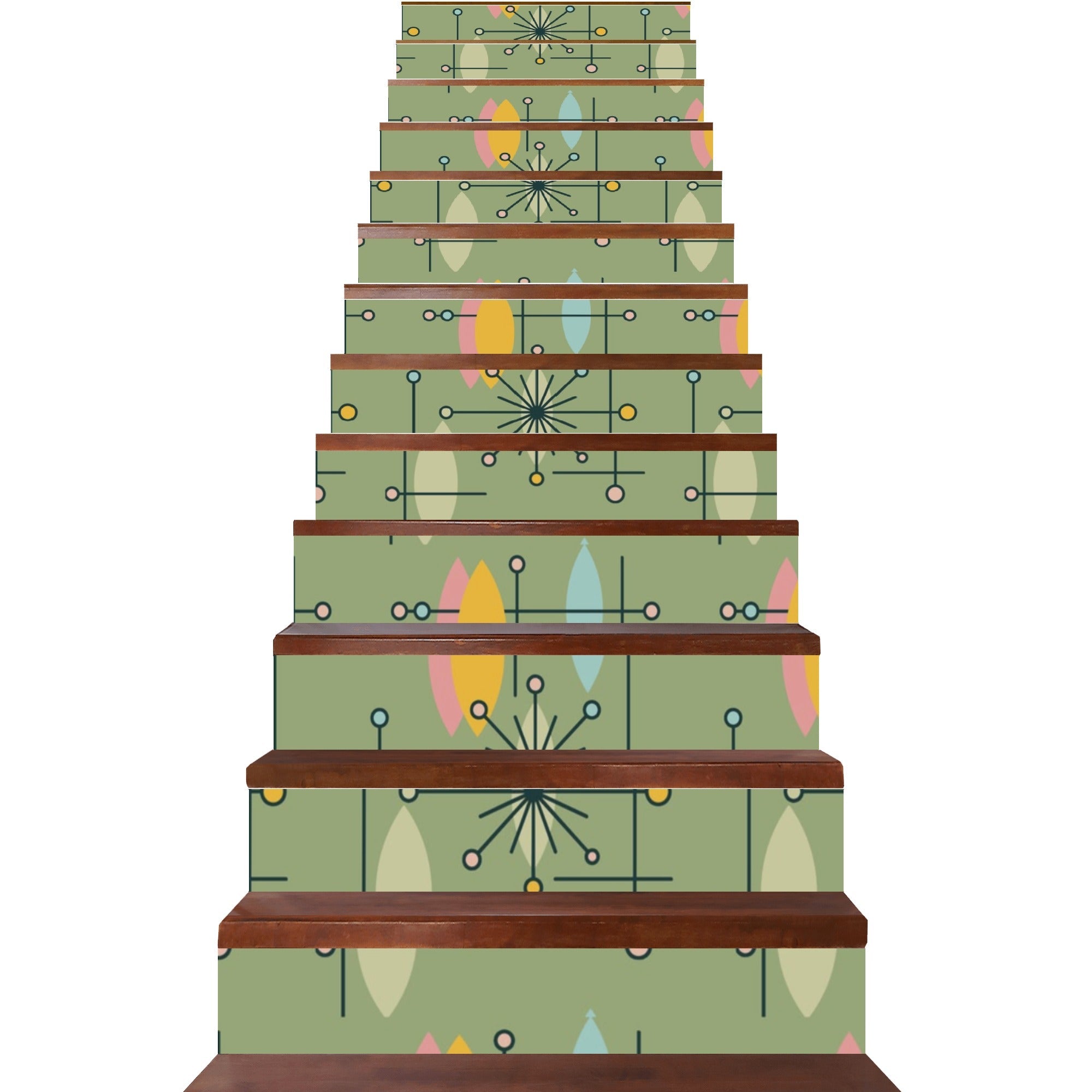 Mid Century Modern Stair Stickers, 13-Piece Retro Green Starburst Rise ...