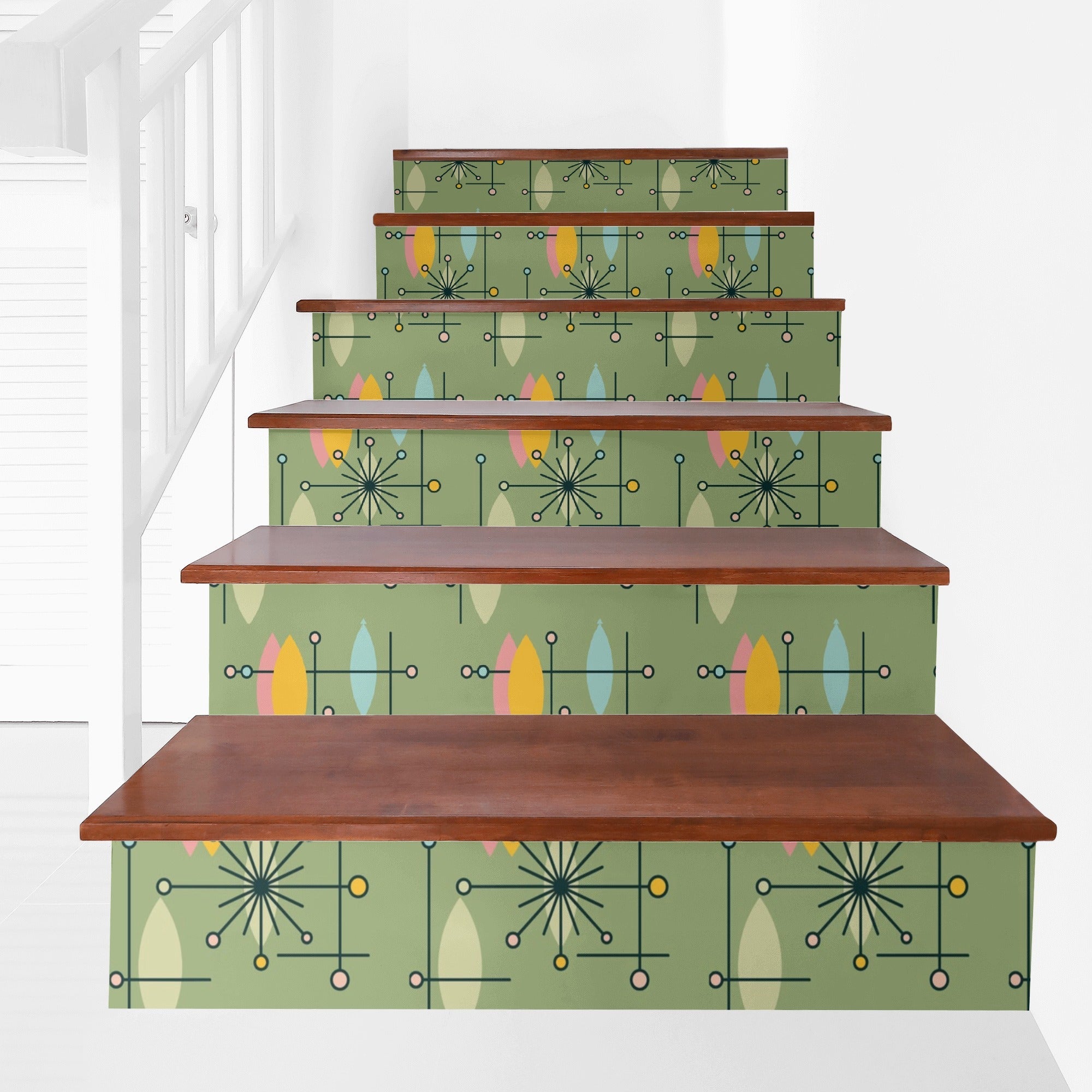 Kate McEnroe New York Mid Century Modern Stair Stickers, 6 - Piece Retro Green Starburst Riser Decals, 50s Atomic Home DecorStair RisersW0ZJQX1W - 1