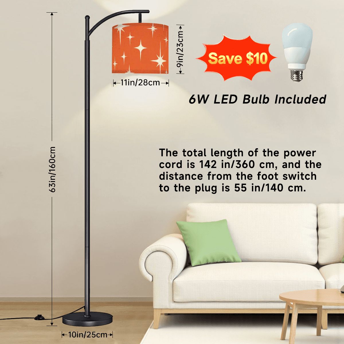 Kate McEnroe New York Mid Century Modern Starburst Arc Floor Lamp, Retro Orange Atomic Accent LightingArc Floor Lampsj9FPpQf71F