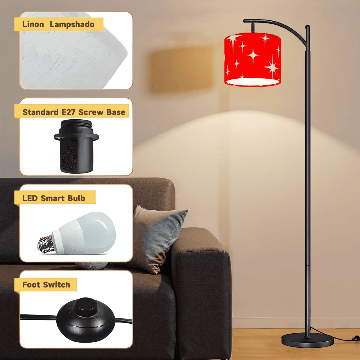 Kate McEnroe New York Mid Century Modern Starburst Arc Floor Lamp, Retro Red Atomic Accent LightingArc Floor LampsTPpaYNzZGr