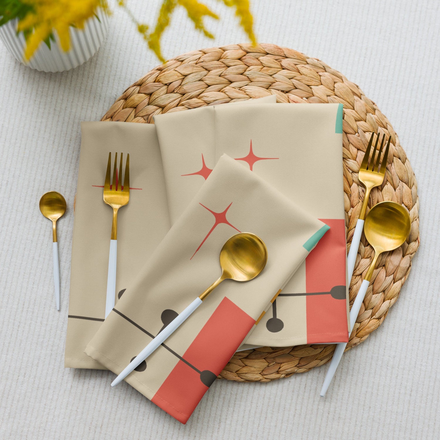 Kate McEnroe New York Mid Century Modern Starburst Cloth Napkins Set, Retro Teal, Orange Cocktail Table LinensNapkins9892453_17399