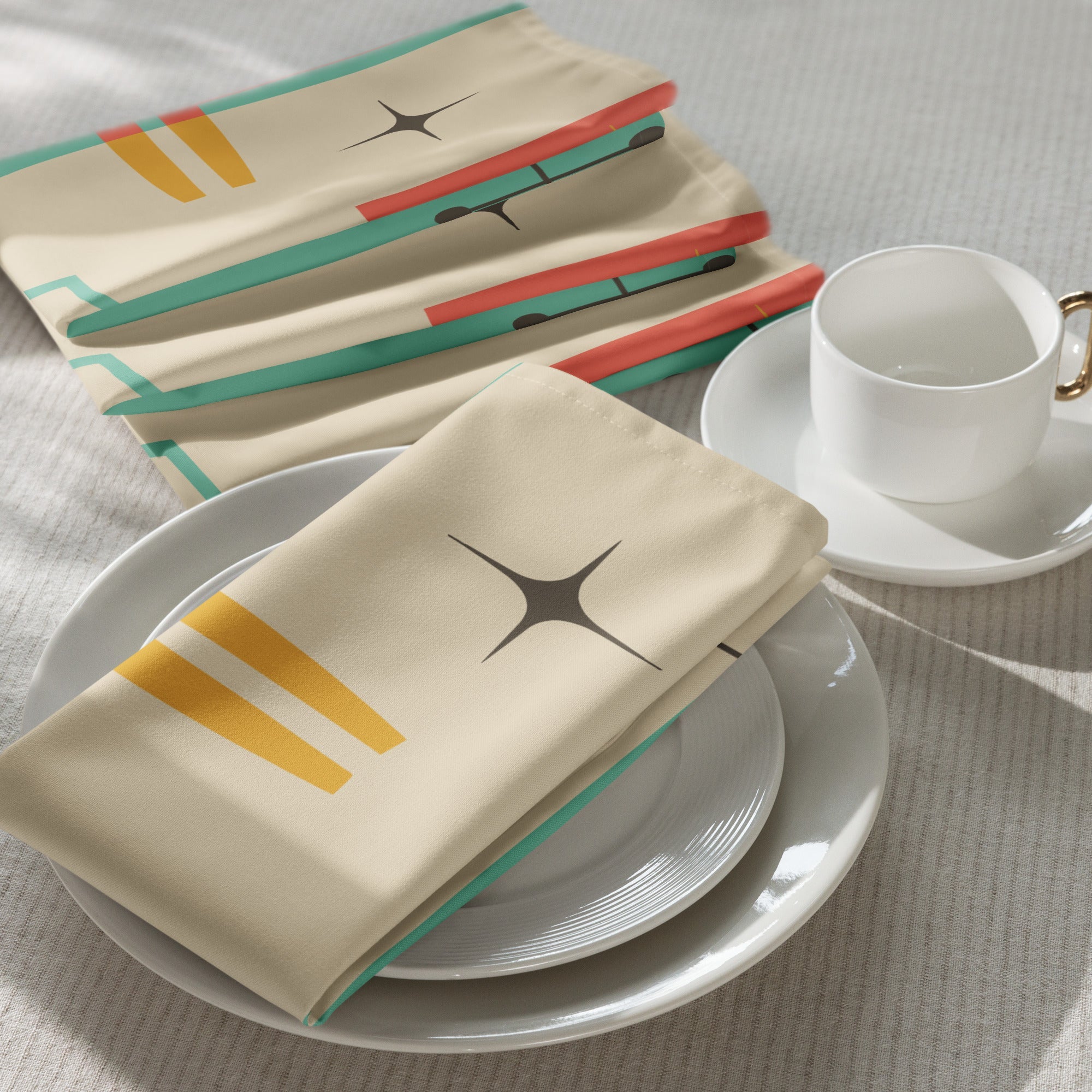 Kate McEnroe New York Mid Century Modern Starburst Cloth Napkins Set, Retro Teal, Orange Cocktail Table LinensNapkins9892453_17399