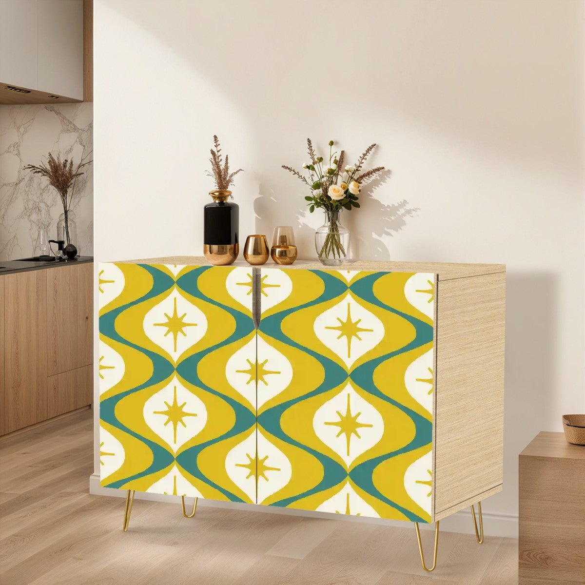 Kate McEnroe New York Mid Century Modern Starburst Credenza, Retro Atomic Age Storage Cabinet, 50s Mod Accent FurnitureStorage CabinetsKlcjtOqXqn