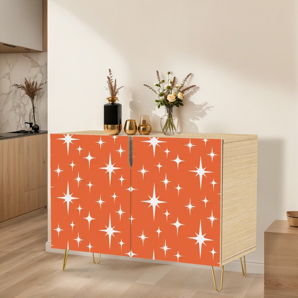 Kate McEnroe New York Mid Century Modern Starburst Credenza, Retro Orange 50s Storage Cabinet, MCM Space Age Accent FurnitureStorage CabinetsLxrkiSba3A