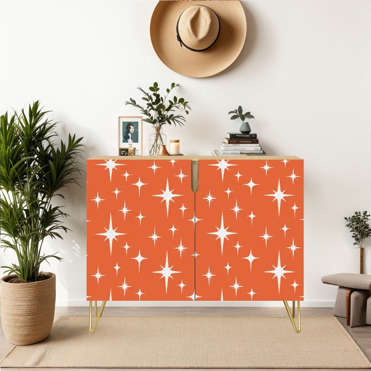 Kate McEnroe New York Mid Century Modern Starburst Credenza, Retro Orange 50s Storage Cabinet, MCM Space Age Accent FurnitureStorage CabinetsLxrkiSba3A