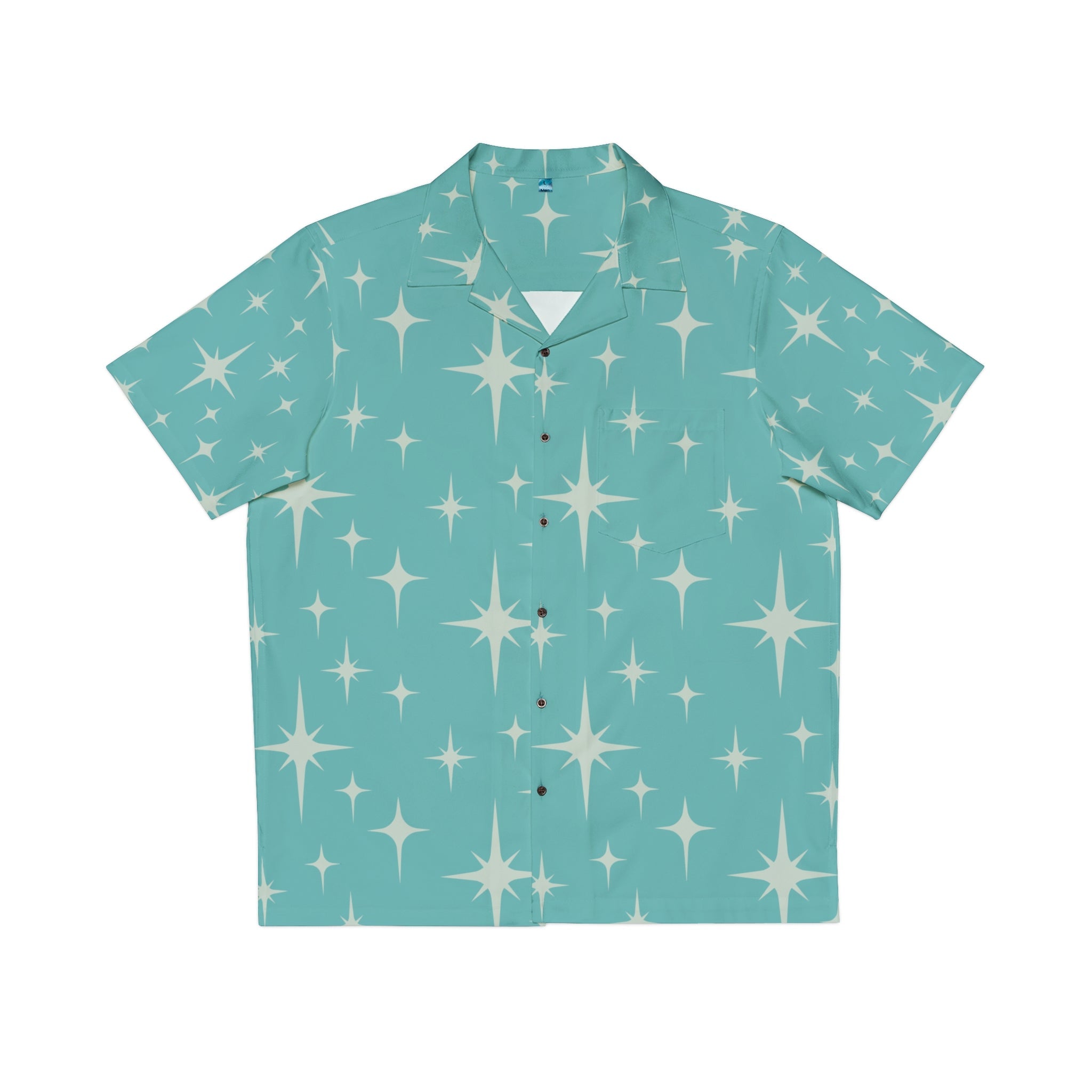 Kate McEnroe New York Mid Century Modern Starburst Hawaiian Shirt, Retro 50s Lounge Wear, MCM Teal Men&