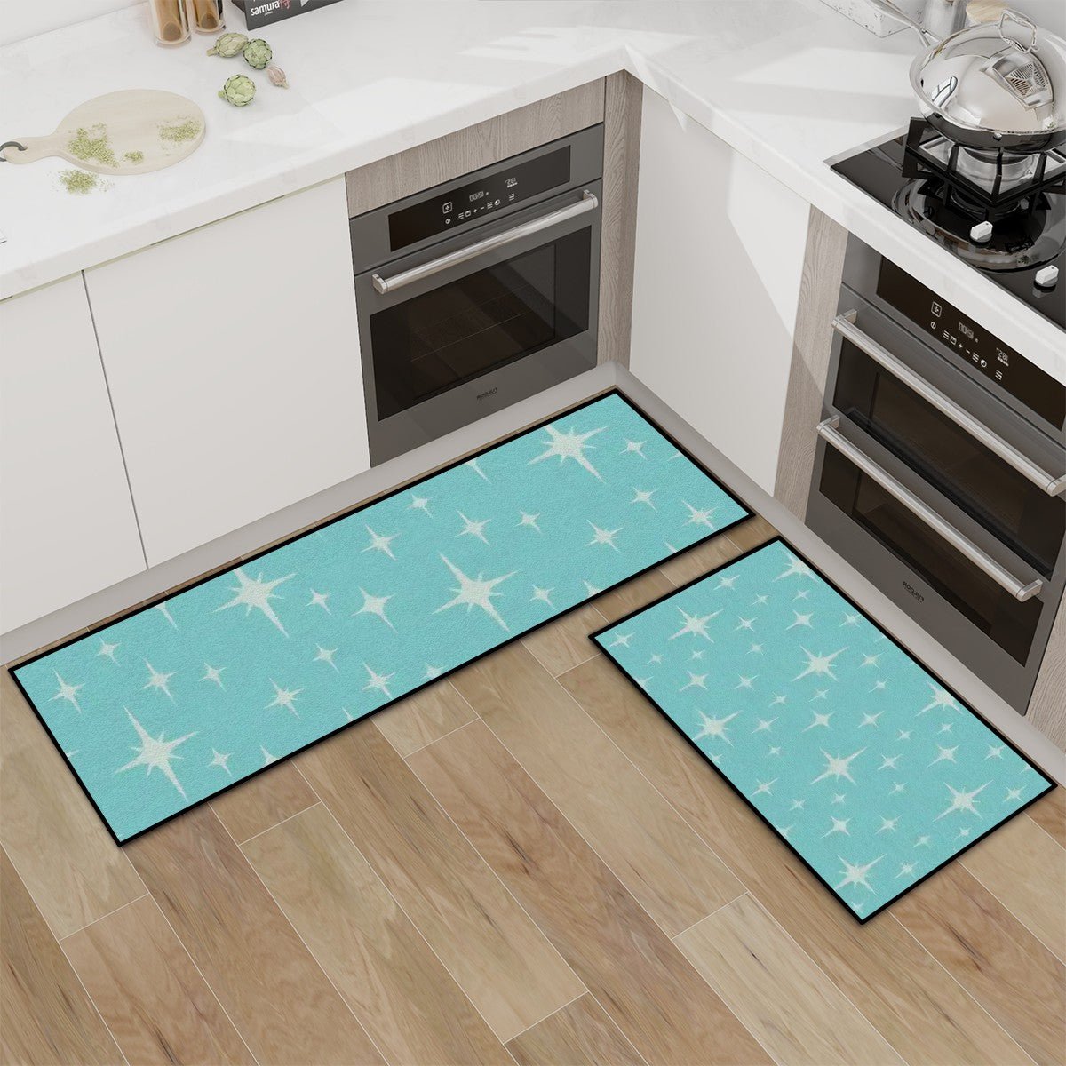 Kate McEnroe New York Mid Century Modern Starburst Kitchen Mat Set, Retro 50s Floor RugsKitchen Floor MatsAo5FbXAZ3d