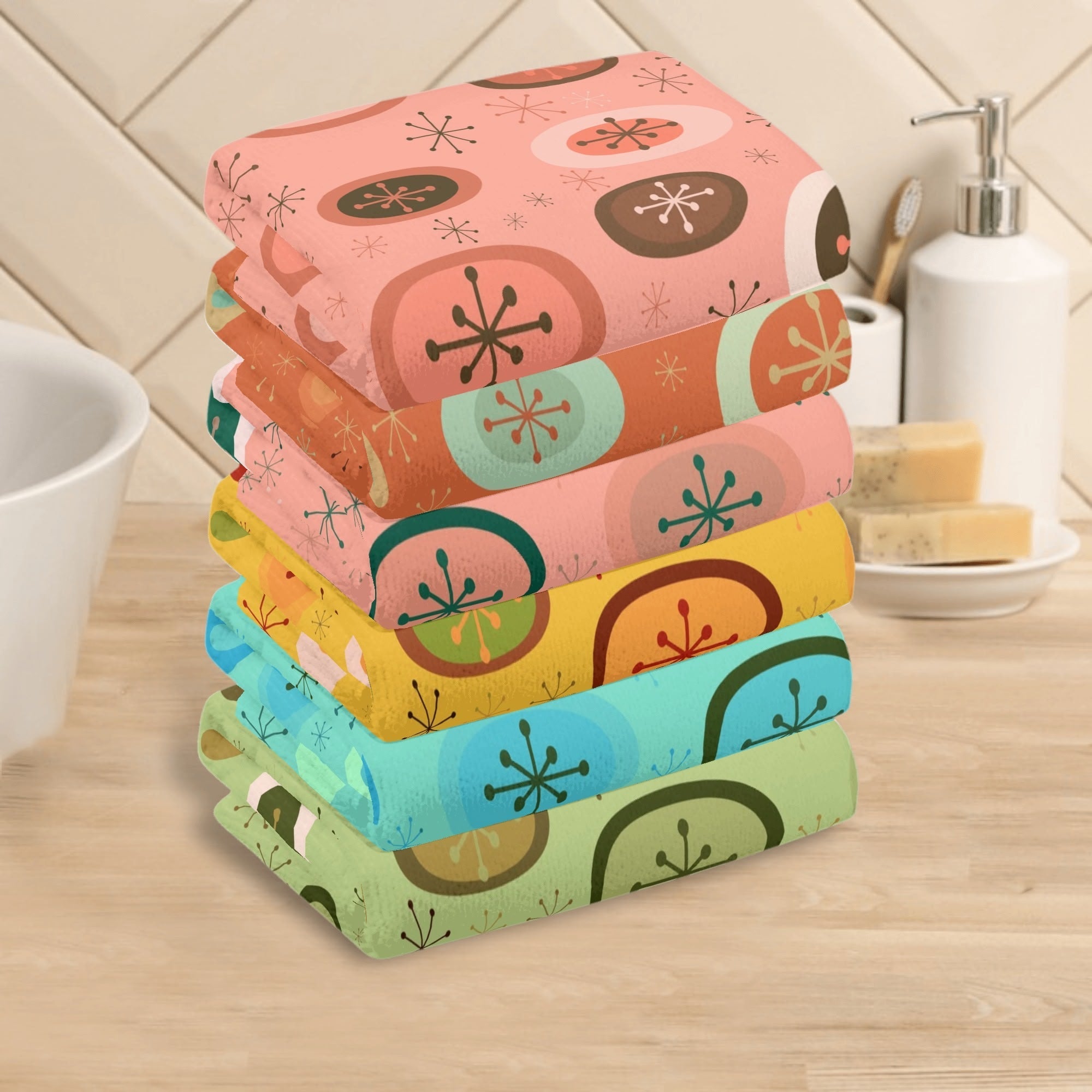 Kate McEnroe New York Mid Century Modern Starburst Orb Hand Towels, Retro Atomic Age Bathroom Decor, 50s Kitsch Towel SetHand TowelsNRQ5GK1Y - 1