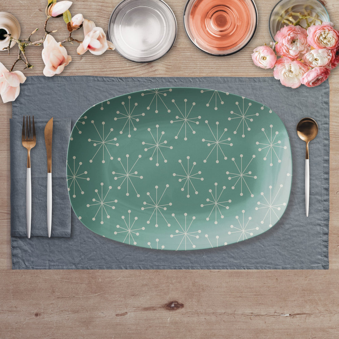 Kate McEnroe New York Mid Century Modern Starburst Serving Platter, Retro Teal Party DishServing Platters9727