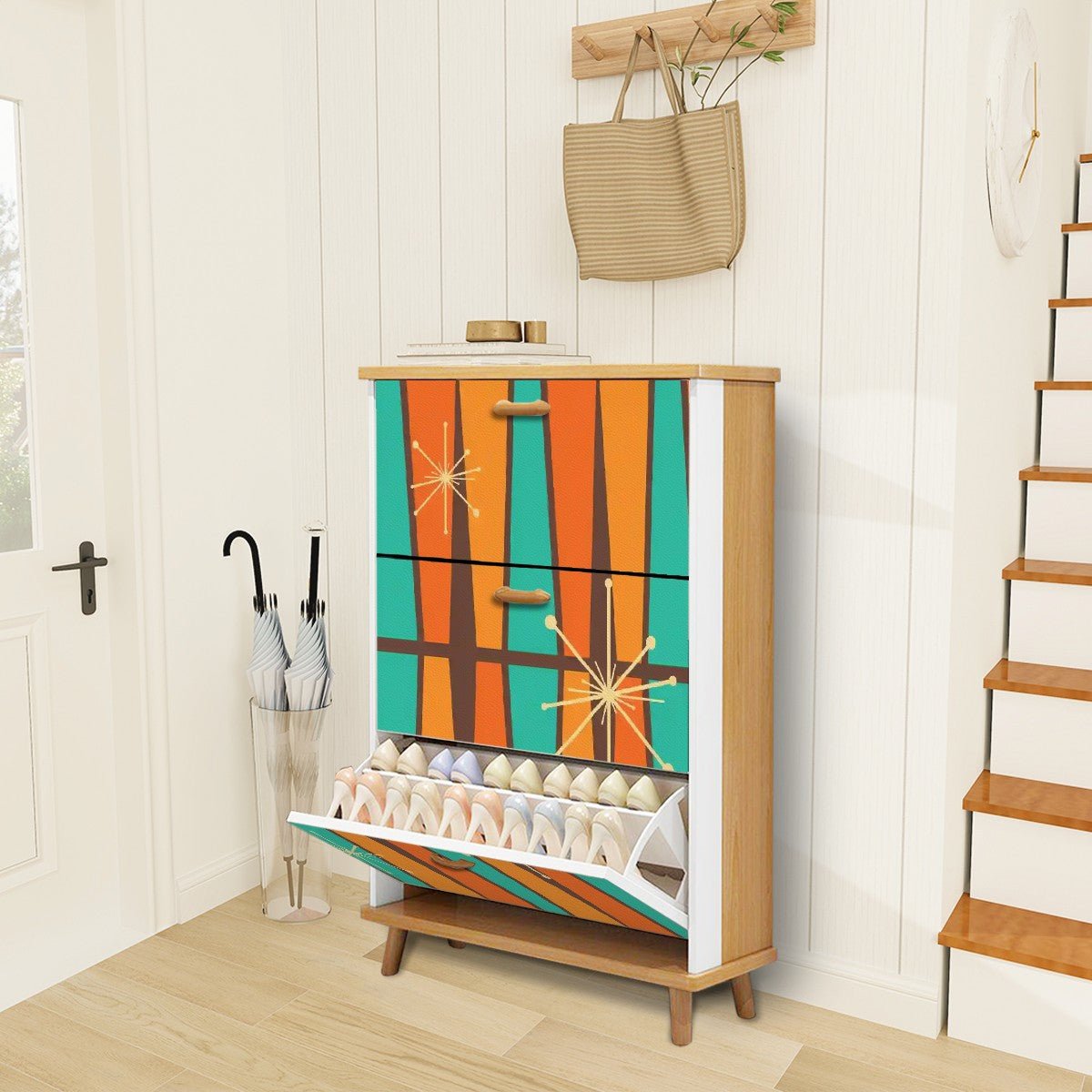 Kate McEnroe New York Mid Century Modern Starburst Shoe Cabinet, Retro Geometric Storage Furniture, Atomic Era Entryway AccentShoe StorageCBGw5MZhpN
