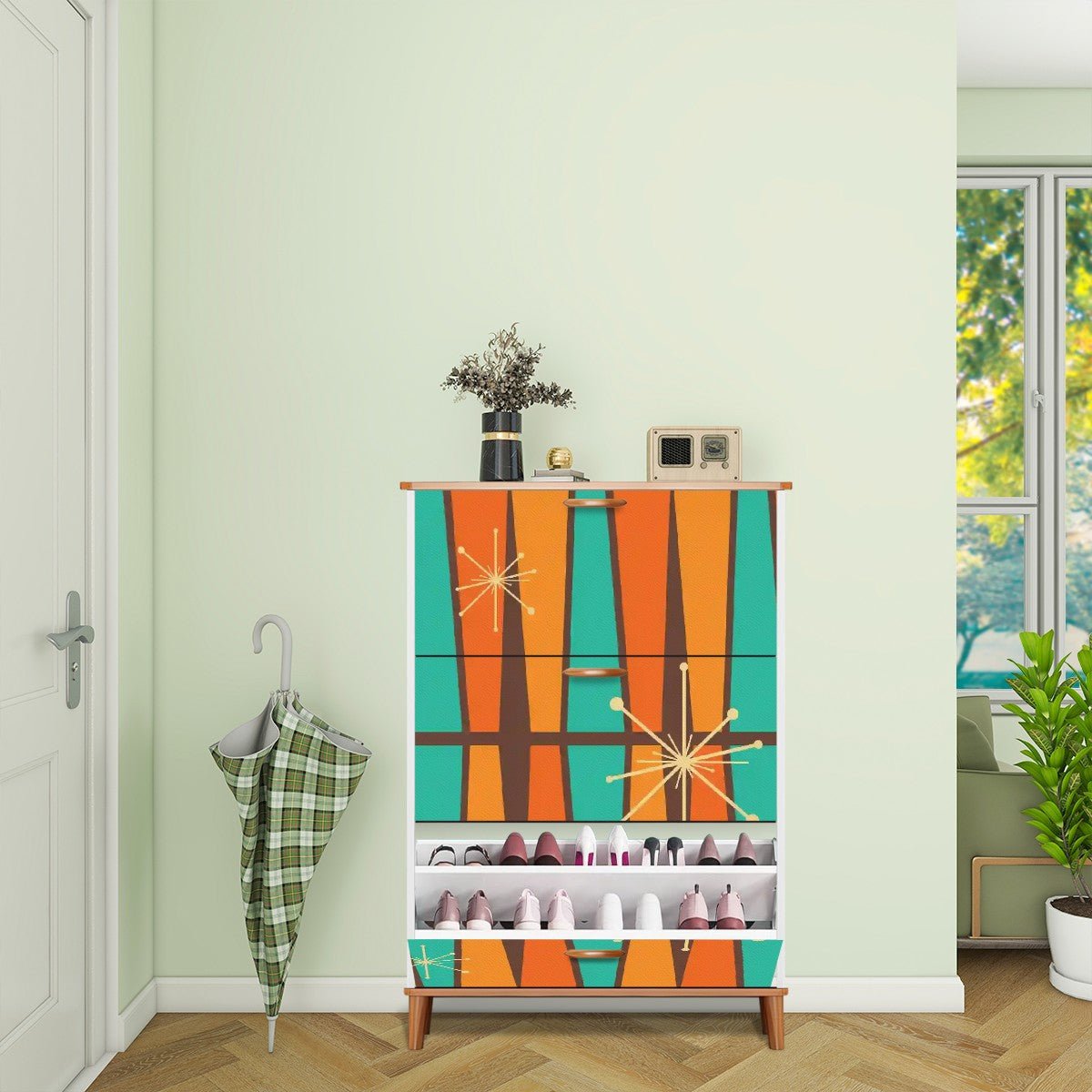 Kate McEnroe New York Mid Century Modern Starburst Shoe Cabinet, Retro Geometric Storage Furniture, Atomic Era Entryway AccentShoe StorageCBGw5MZhpN