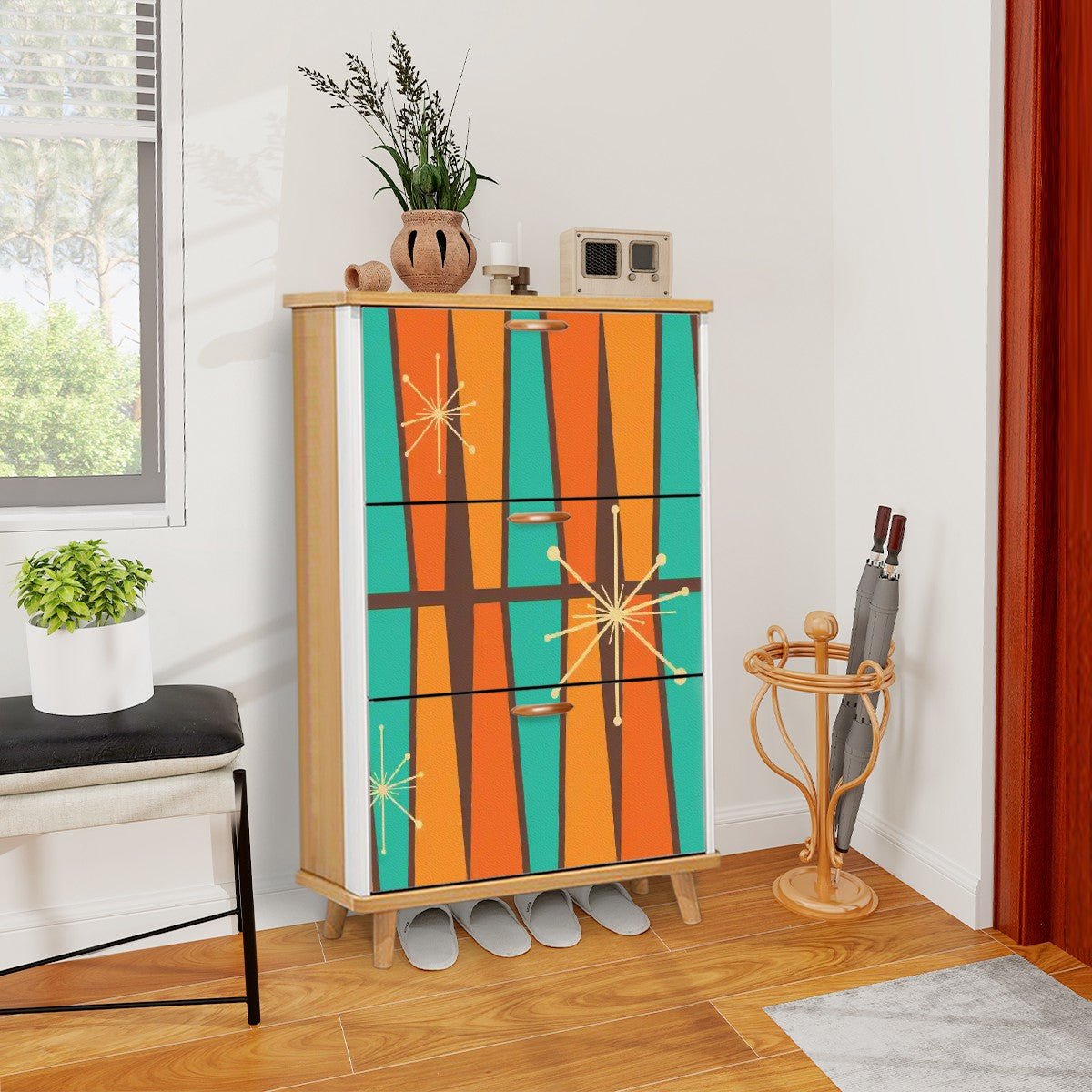 Kate McEnroe New York Mid Century Modern Starburst Shoe Cabinet, Retro Geometric Storage Furniture, Atomic Era Entryway AccentShoe StorageCBGw5MZhpN