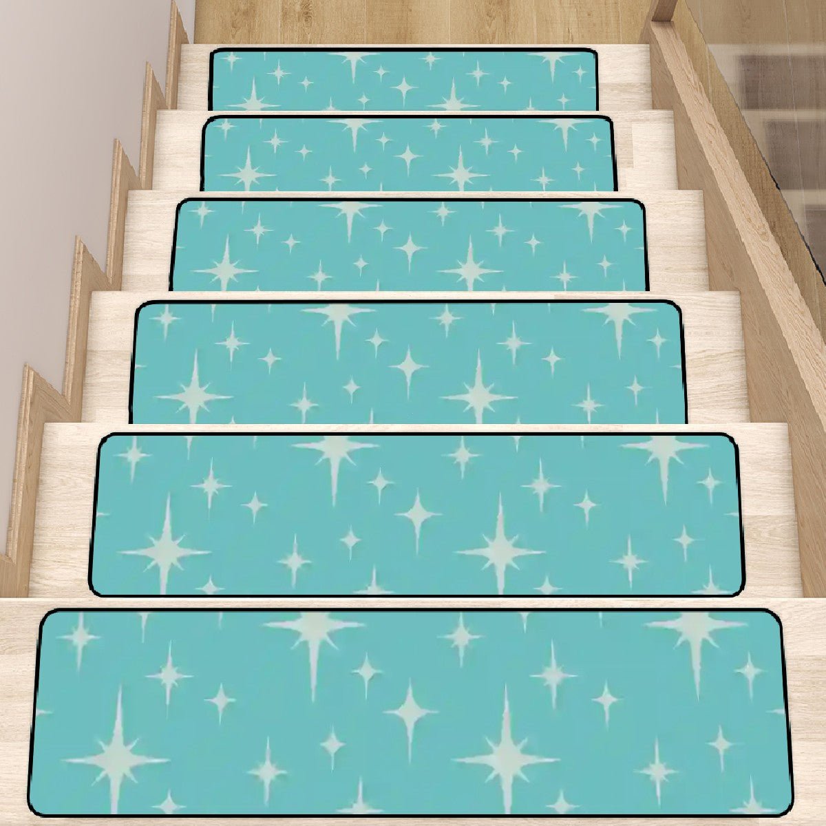 Kate McEnroe New York Mid Century Modern Starburst Stair Treads, Retro Aqua Non - Slip Step CoversStair TreadsU8hMDCJ7Sb