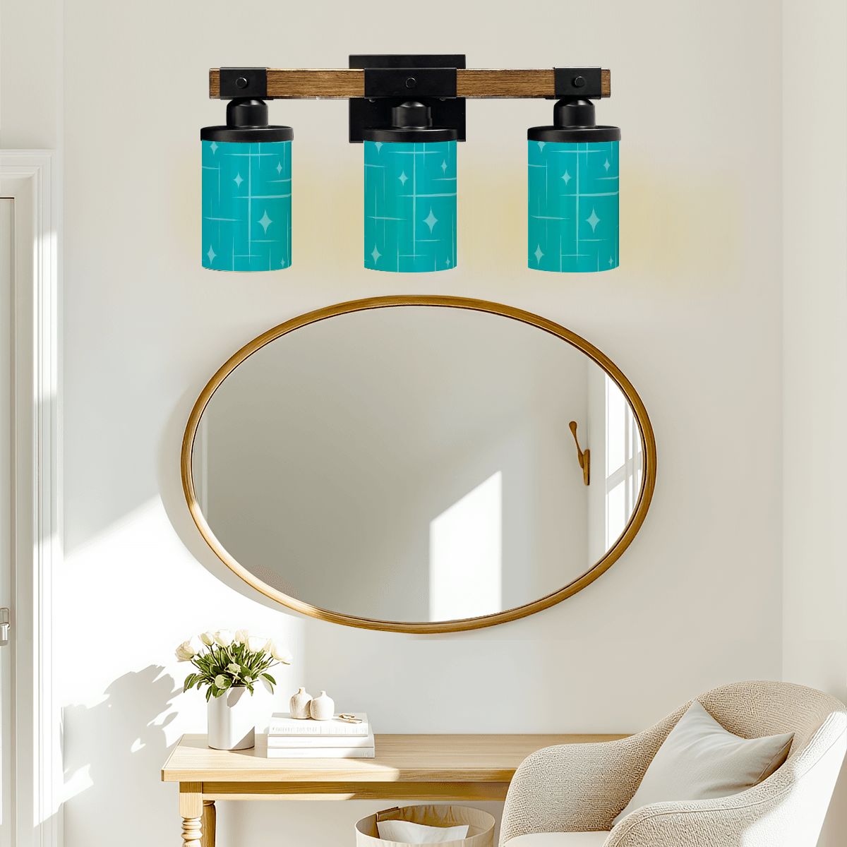 Kate McEnroe New York Mid Century Modern Starburst Vanity Light, Retro 3 - Light Fixture, Turquoise 50s MCM Bathroom LightingVanity Light FixturesbSkkY5DHMt