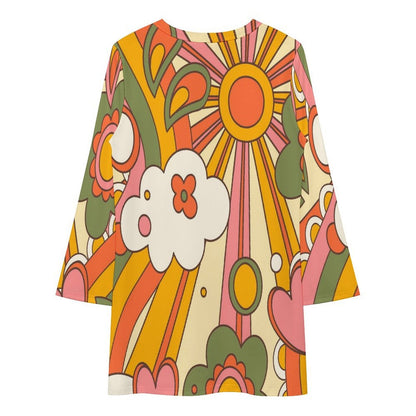 Kate McEnroe New York Mid Century Modern Sunshine Groovy Flower Power Long Sleeve T - Shirt DressDressesD3002651