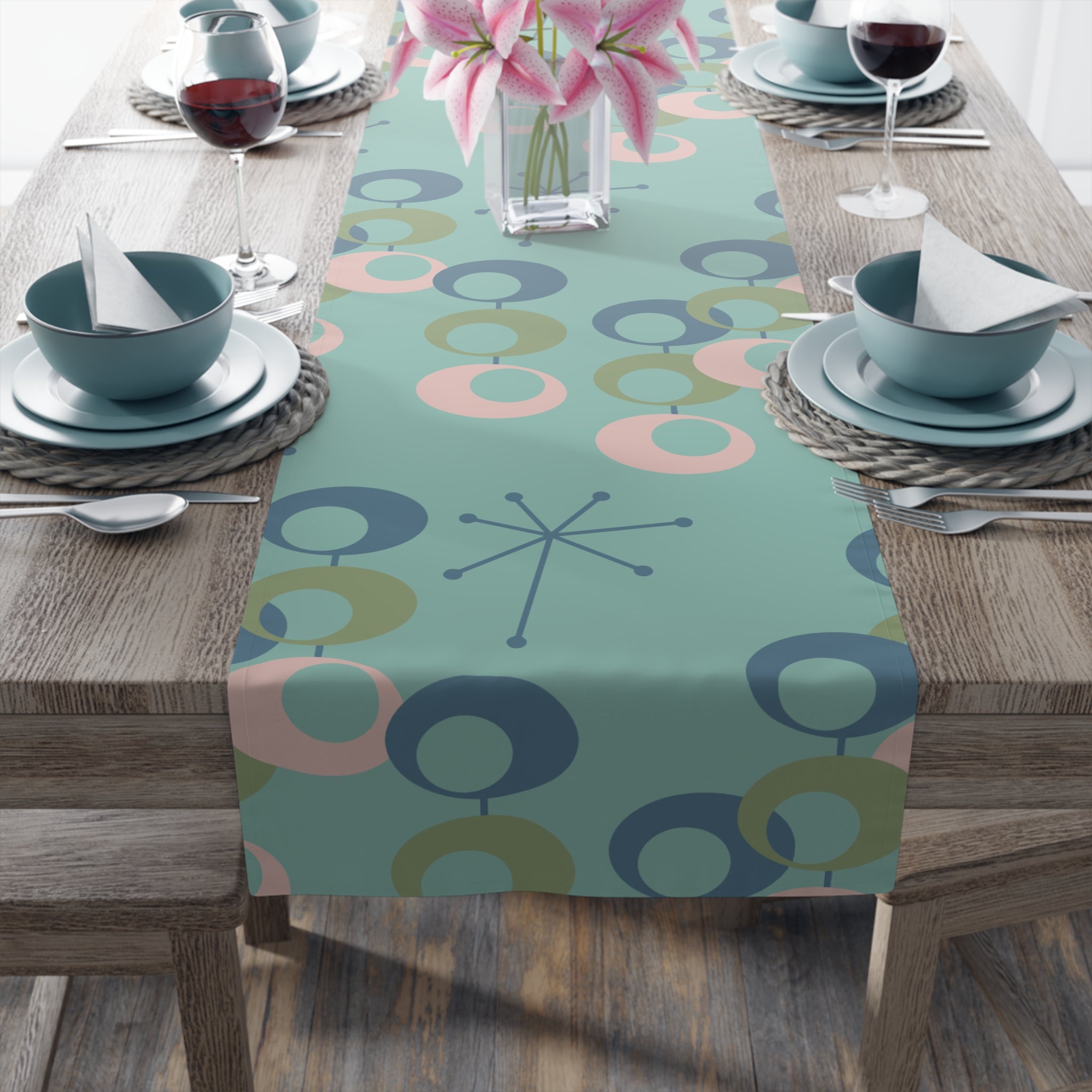 Kate McEnroe New York Mid Century Modern Table Runner, Retro Orbs Atomic Dining DecorTable Runners16589469380622880573