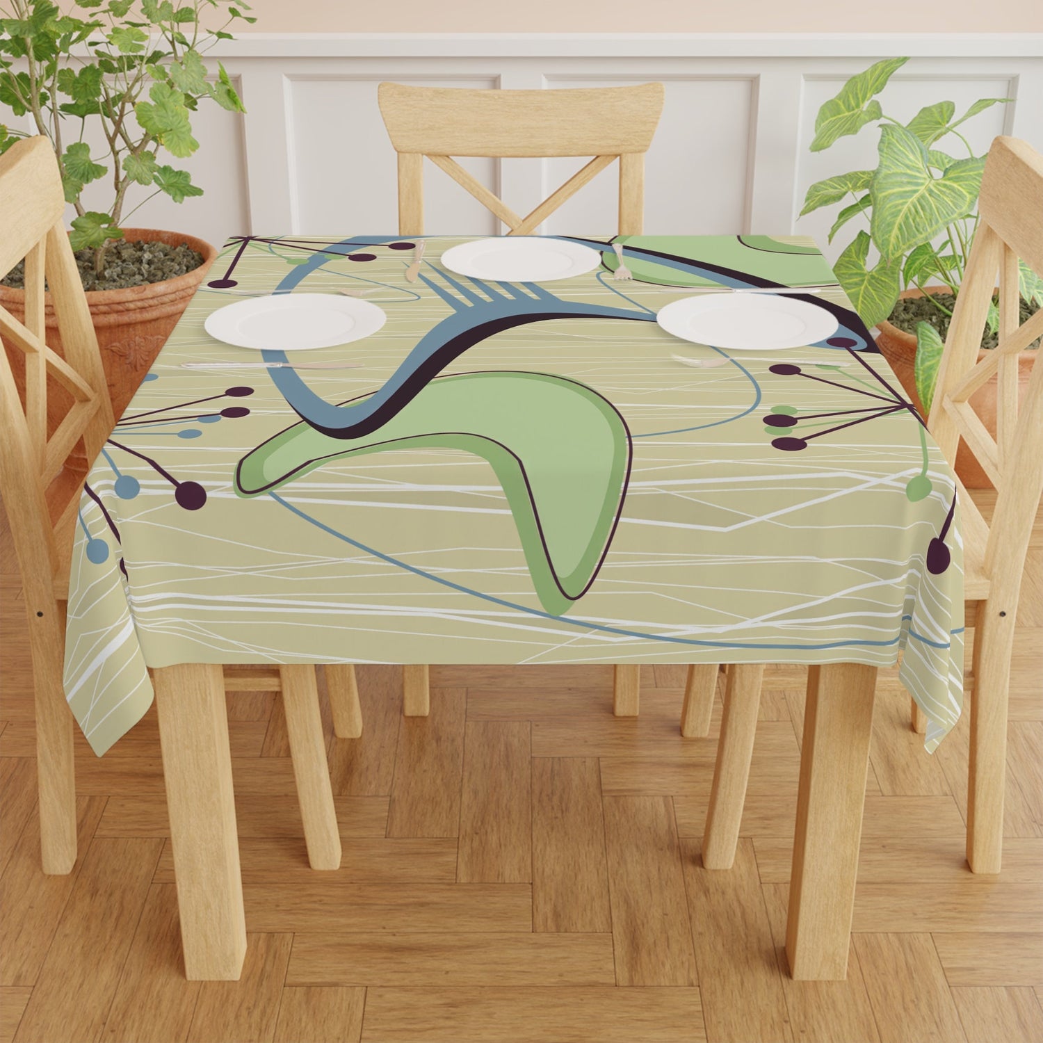 Kate McEnroe New York Mid Century Modern Tablecloth, Retro Boomerang Starburst Dining DecorTablecloths73660602811863727263