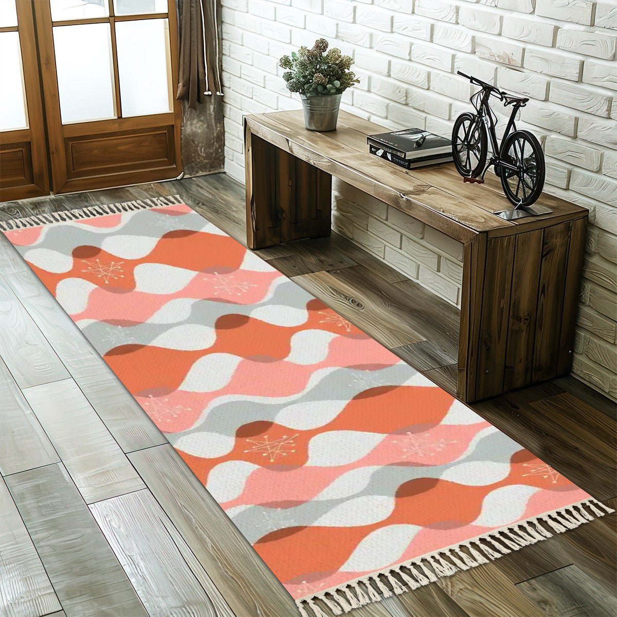 Kate McEnroe New York Mid Century Modern Tassel Runner Rug, Retro Orange Pink Abstract Pattern, MCM Hallway AccentRugs &amp; MatsFA68EdQ68Y