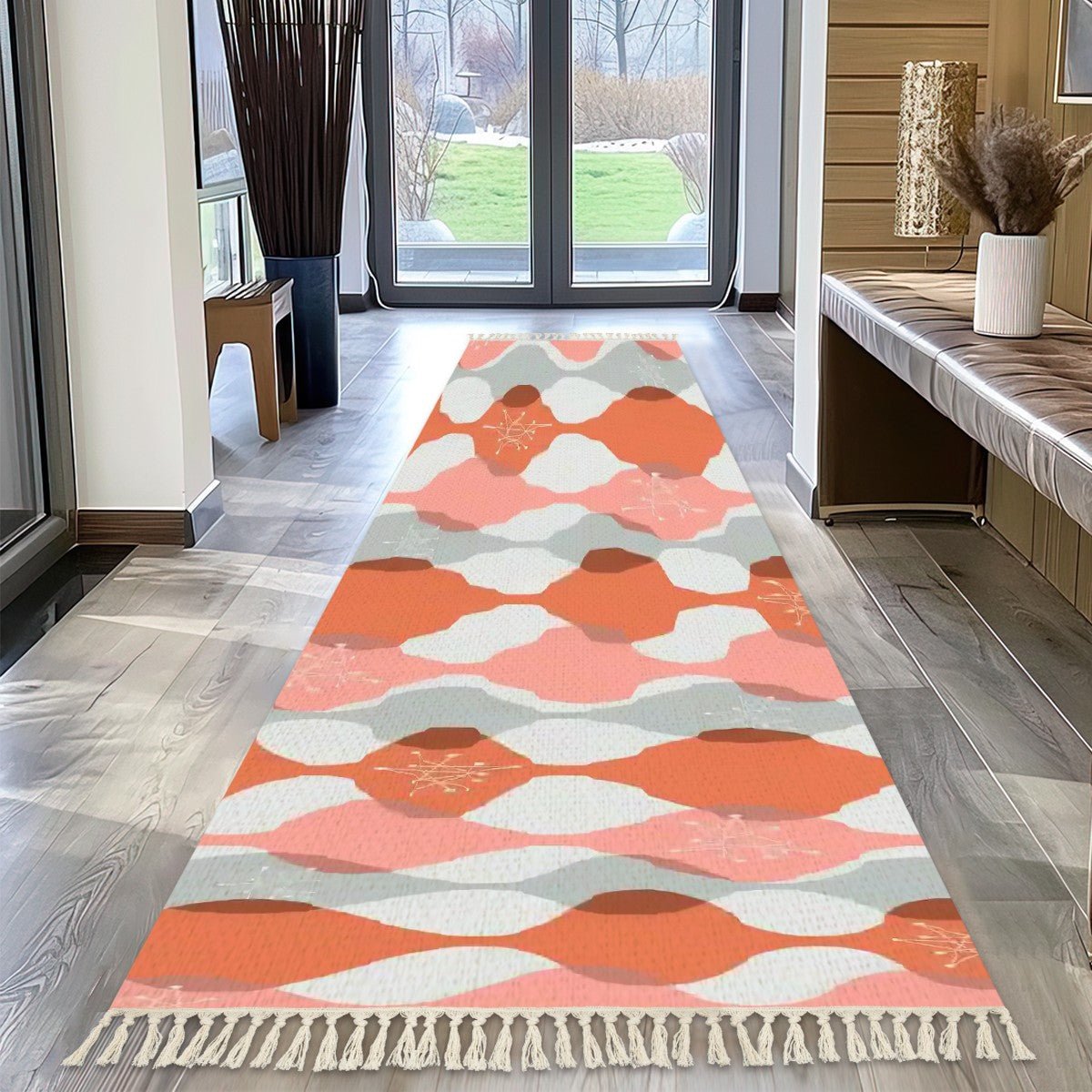 Kate McEnroe New York Mid Century Modern Tassel Runner Rug, Retro Orange Pink Abstract Pattern, MCM Hallway AccentRugs &amp; MatsFA68EdQ68Y