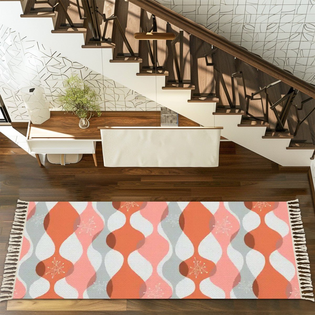 Kate McEnroe New York Mid Century Modern Tassel Runner Rug, Retro Orange Pink Abstract Pattern, MCM Hallway AccentRugs &amp; MatsFA68EdQ68Y