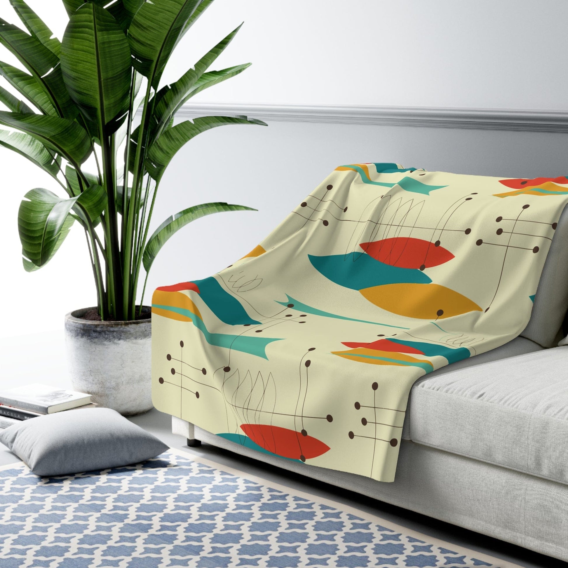 Kate McEnroe New York Mid Century Modern Throw, Atomic Design Cozy Sherpa Fleece Blanket, Retro Living Decor, Colorful Sofa Accent Blankets 60" × 80" 23101653155192272563